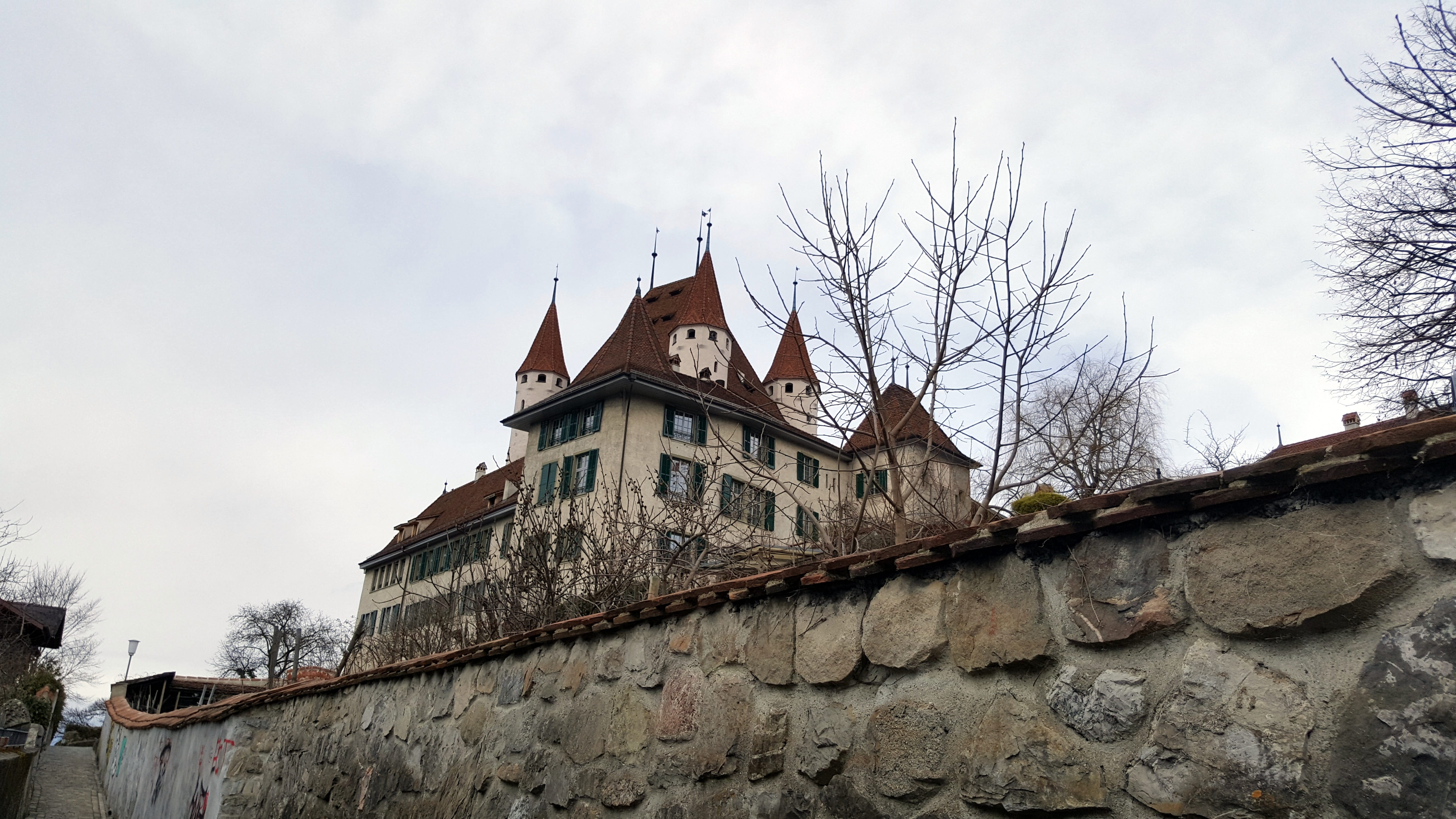 water, bernese oberland, tree, built structure, the past, lake, religion, belief, building exterior, day, cloud - sky, thun, place of worship, spire, switzerland, HD Wallpaper