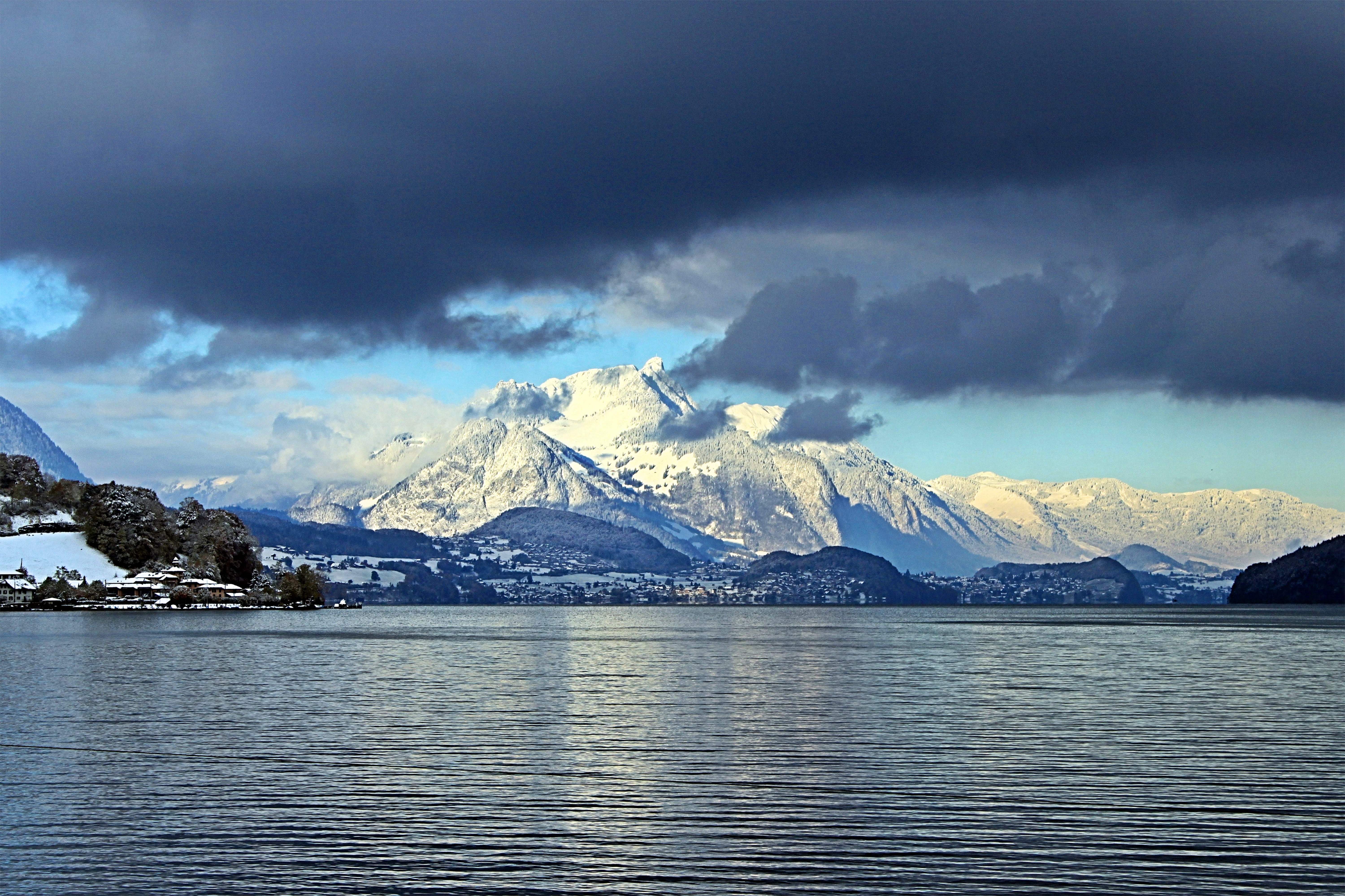 scenics - nature, cold temperature, lake thun, snowcapped mountain, mountain range, atmospheric, sky, mood, landscapes, dark, snow mountains, mountains, HD Wallpaper