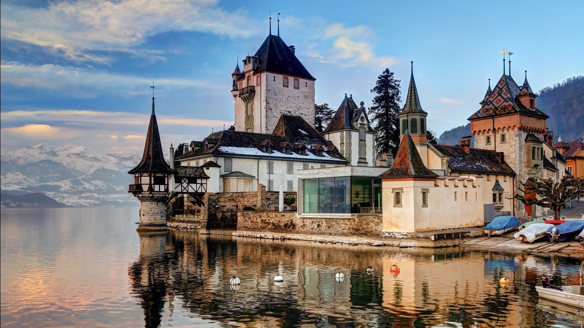 travel, architecture, tourism, city, the past, tower, spire, place of worship, architecture old building castle tower nature trees lake thun switzerland water mountain alps clouds boat reflection, HD Wallpaper