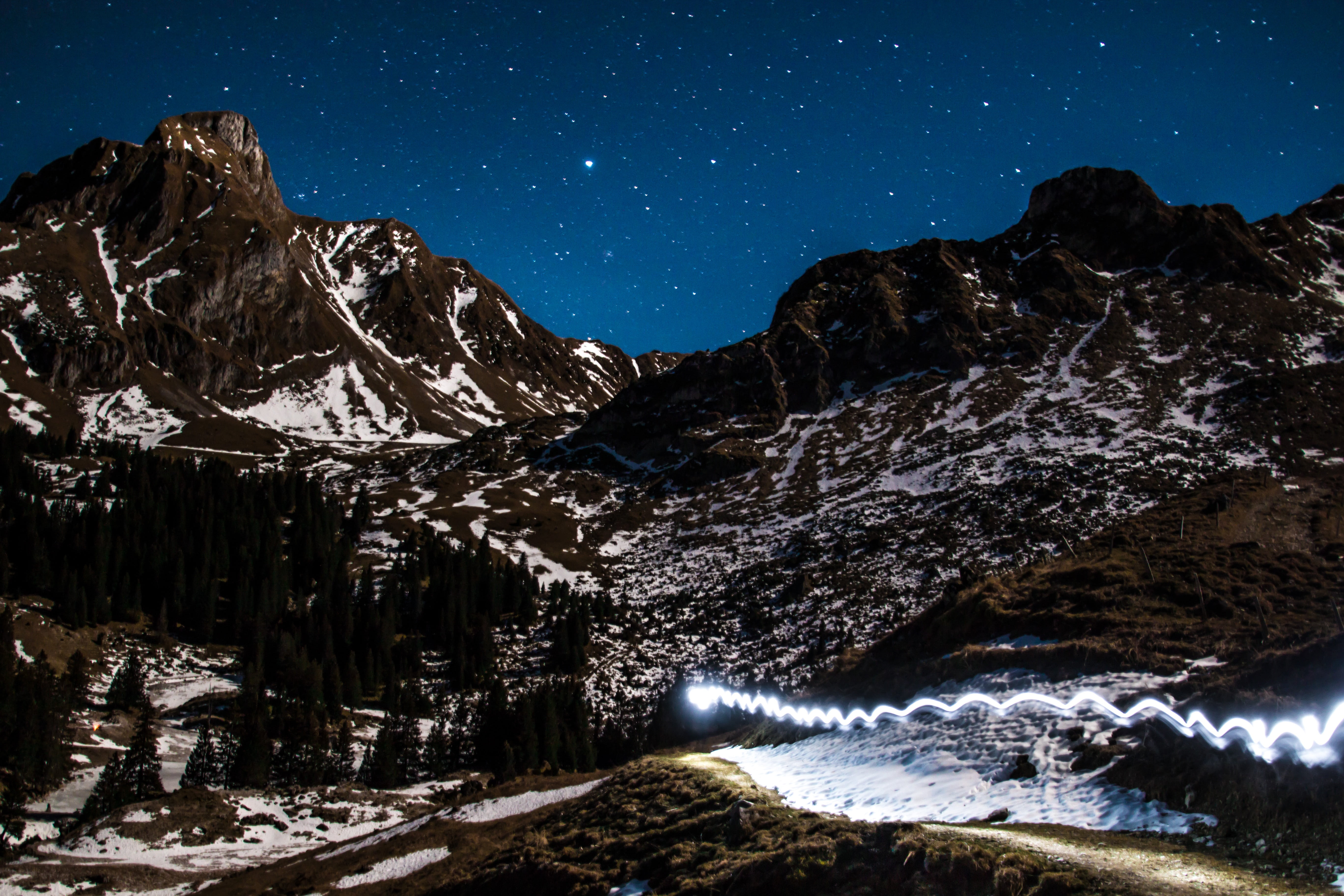 switzerland, 5K, astronomy, formation, mountain Peak, scenics - nature, nature, light, shooting star, light graffiti, sky, night, lights, snowcapped mountain, HD Wallpaper