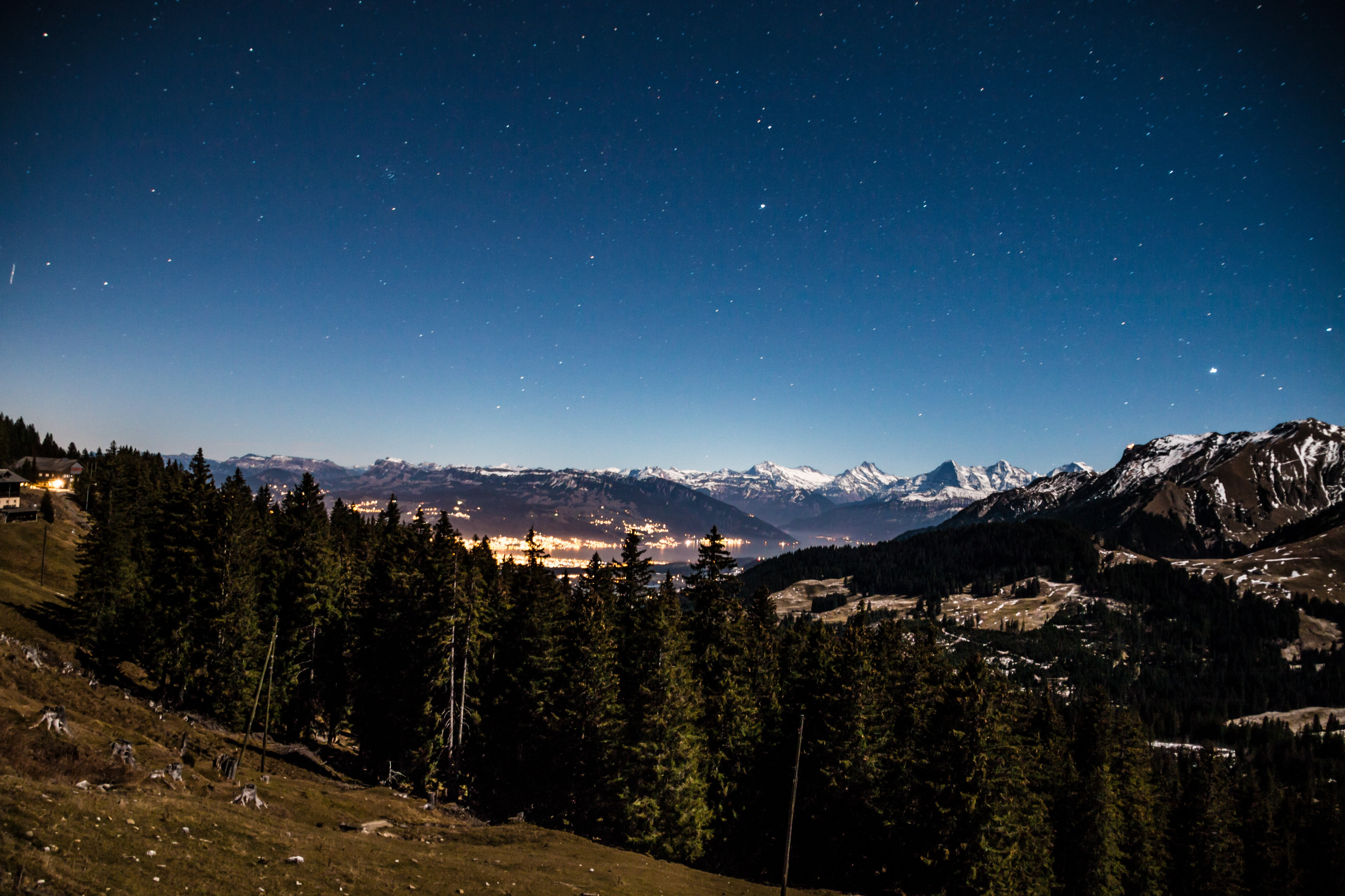 star - space, city, scenics - nature, mountain, winter, lights, tree, pine tree, long exposure, plant, gurnigel, sky, land, environment, 5K, snow, atmosphere, HD Wallpaper