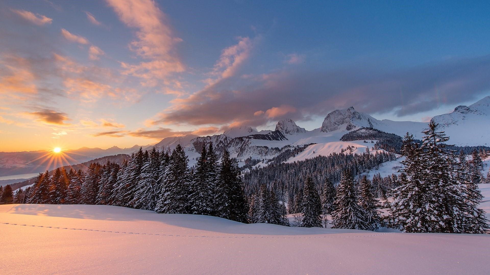 mountain range, snow, gurnigel pass, horizon, dawn, sky, bern, sunrise, morning, zing, winter, tree, cloud, gurnigel park, riggisberg, 1080P, switzerland, HD Wallpaper