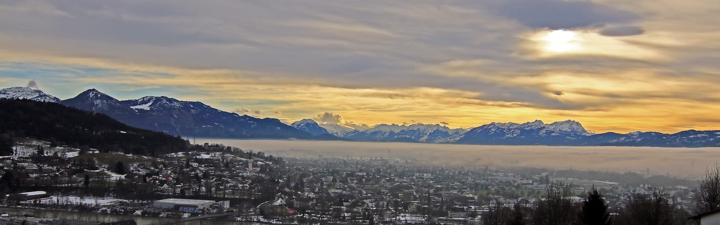 building exterior, scenics - nature, cloud - sky, winter, Bregenz, nature, 1080P, valley, mountain peak, tranquility, landscape, Dornbirn, outdoors, city, HD Wallpaper