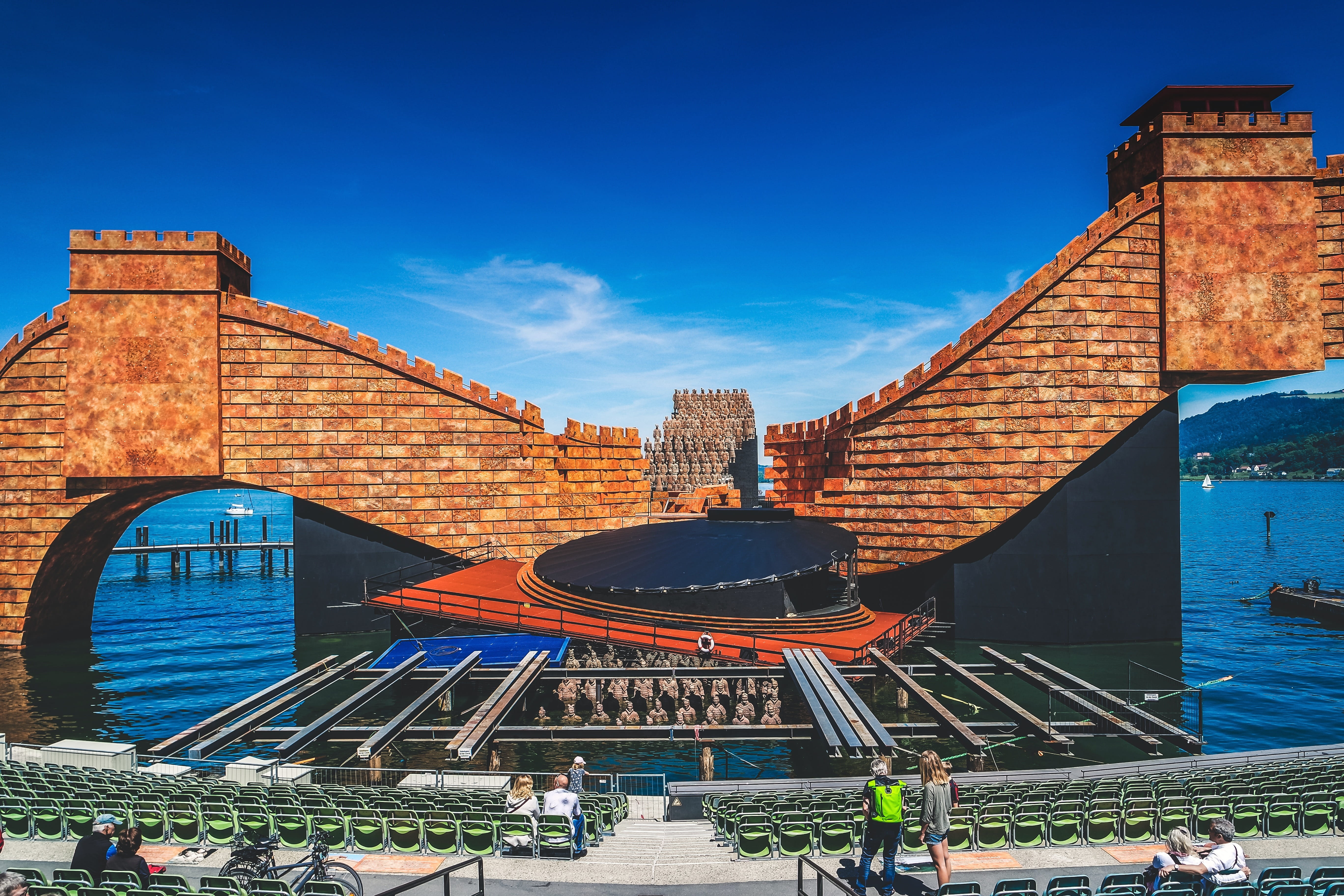 lake stage, lake constance, tourism, sunlight, outdoors, nature, crowd, turandot stage, the past, large group of people, stage, theater, clouds, blue, travel destinations, HD Wallpaper
