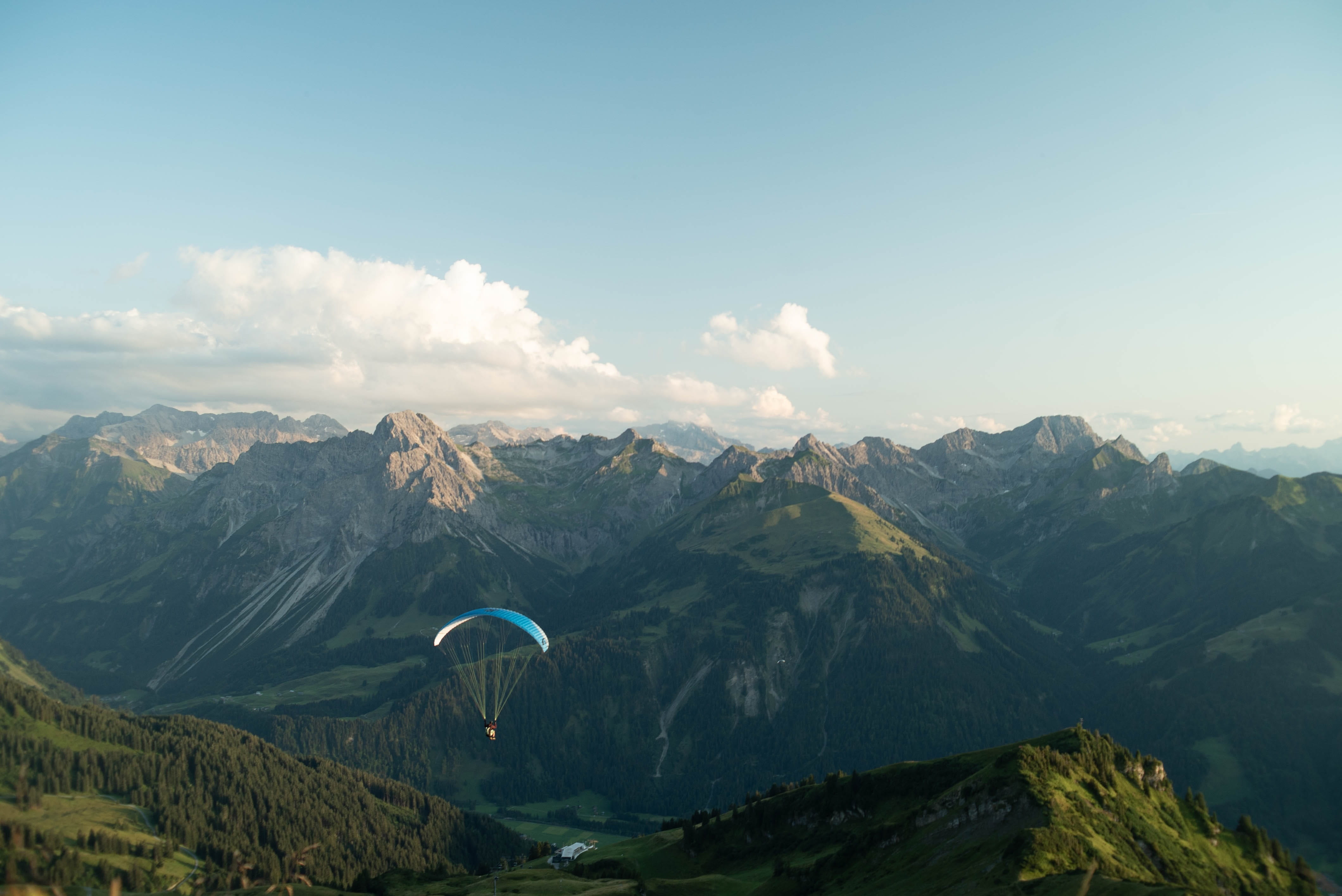 float, majestic, environment, snow, tranquility, landscape, sky, vacations, day, mountain, scenics - nature, mountain range, outdoors, alm, mountains, parachute, HD Wallpaper