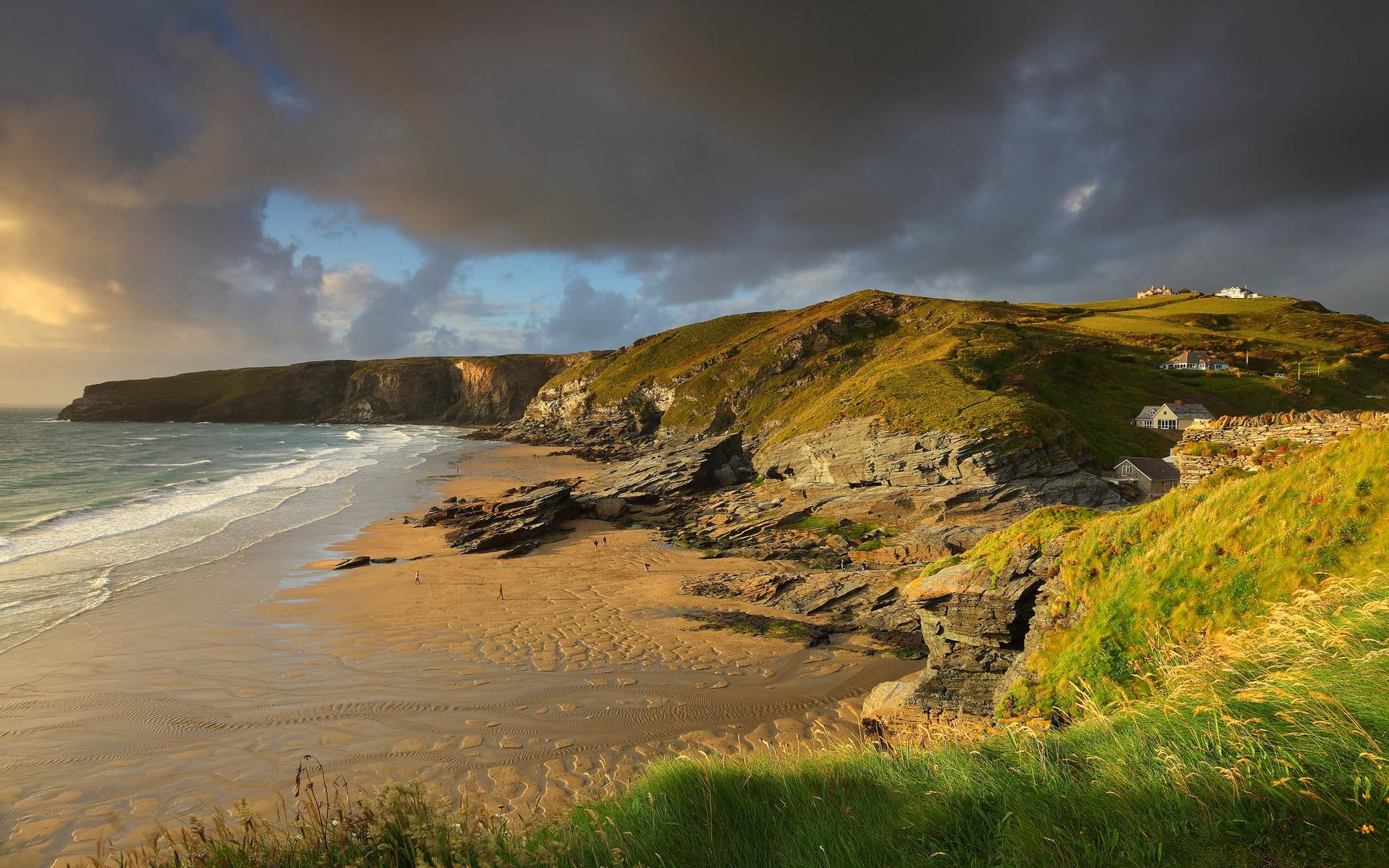 rocks, britain, people, england, beach, ocean, summer, nature and landscapes, coast, 1080P, HD Wallpaper