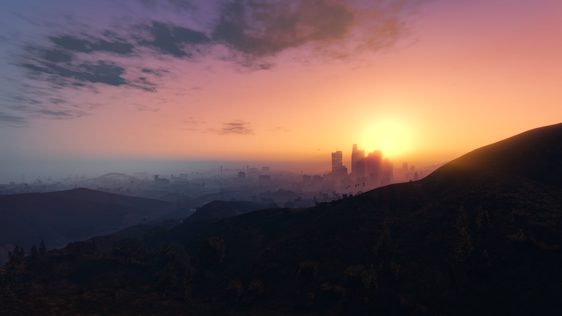 Grand Theft Auto V, sun, beauty in nature, buildings, city, outdoors, mountain range, tranquil scene, no people, building exterior, orange color, sunset, HD Wallpaper