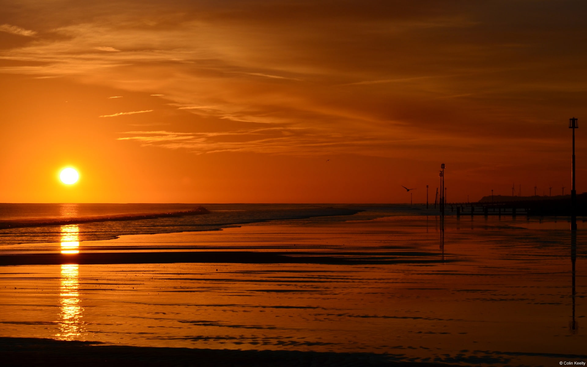 sunset, tranquil scene, outdoors, sky, orange color, nature, no people, sea, beach, reflection, romantic sky, beauty in nature, water, 1080P, idyllic, HD Wallpaper