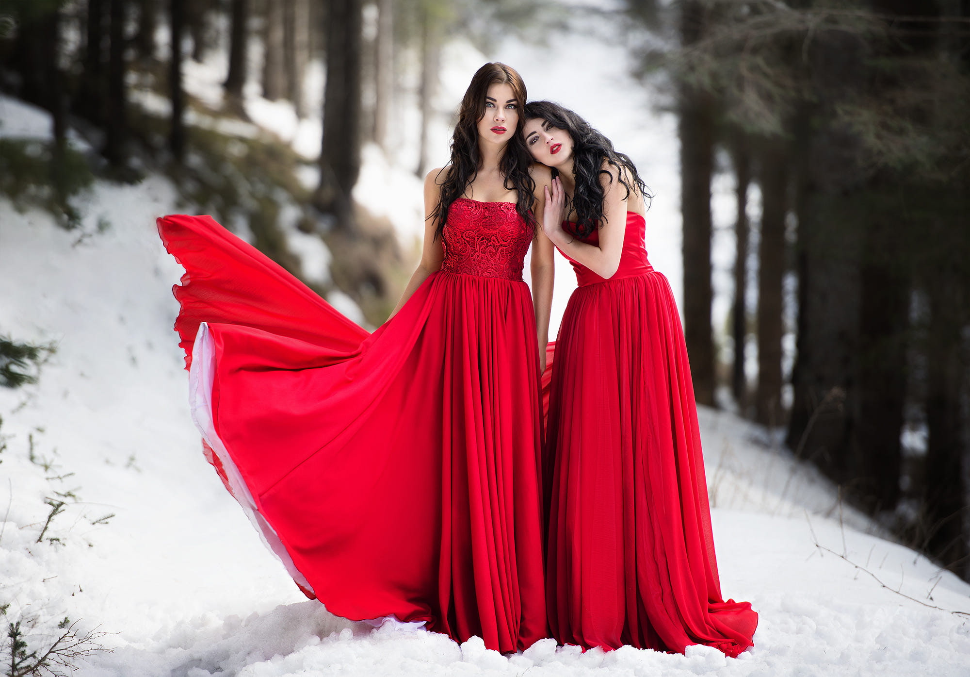 models, fairy, snow, red, dress, fashion, designer, mikimacovei, wonderland, 1080P, emotion, beauty, outdoors, 500px, nature, hair, lace, winter, brunette, HD Wallpaper