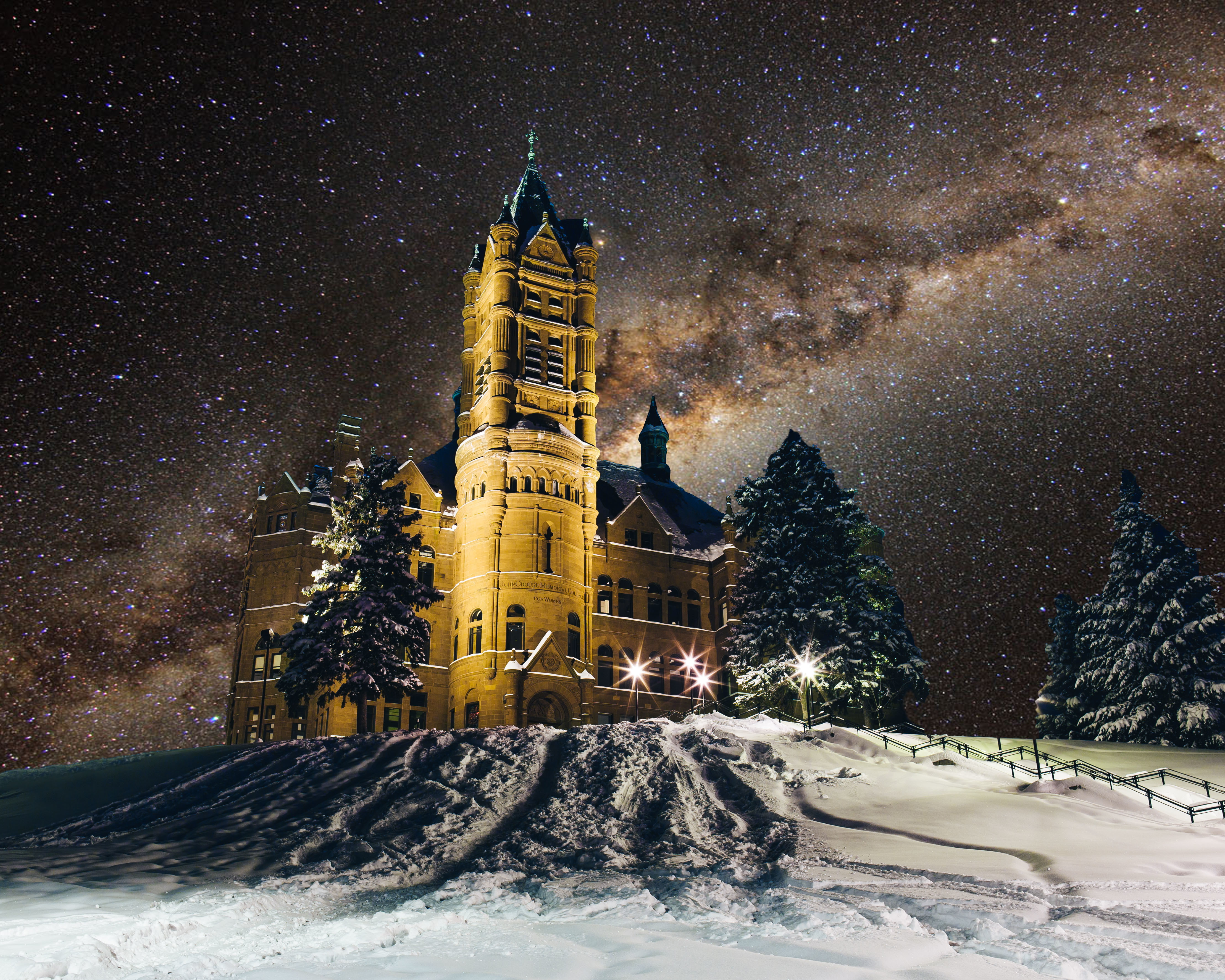 New York, winter, night, United States, Syracuse University, The Milky Way, stars, Syracuse, Crouse College, snow, space, 4K, lights, HD Wallpaper