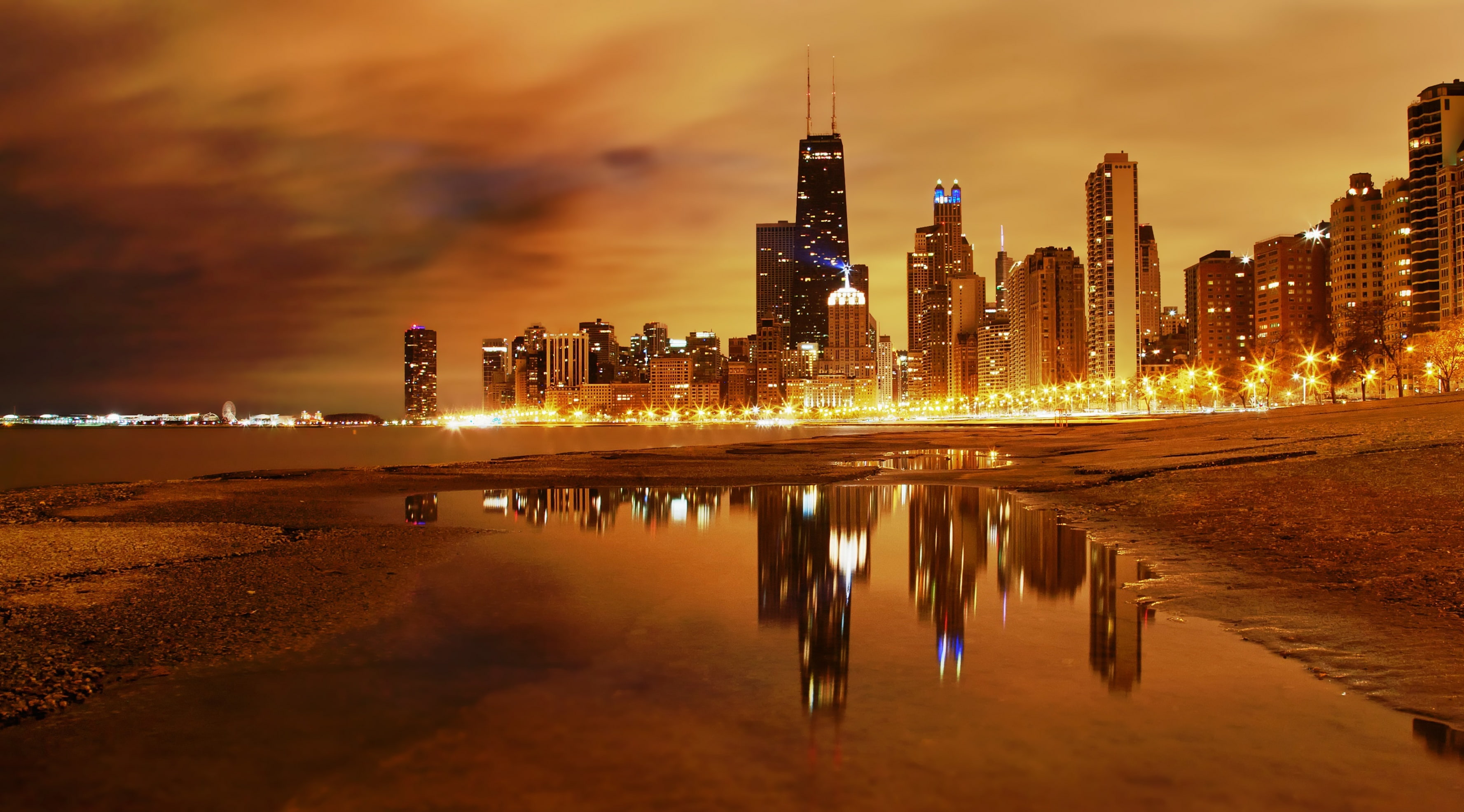 urban skyline, skyscraper, built structure, assorted, cityscape, water, tower, 2K, night, modern, no people, United States/Illinois, financial district, HD Wallpaper