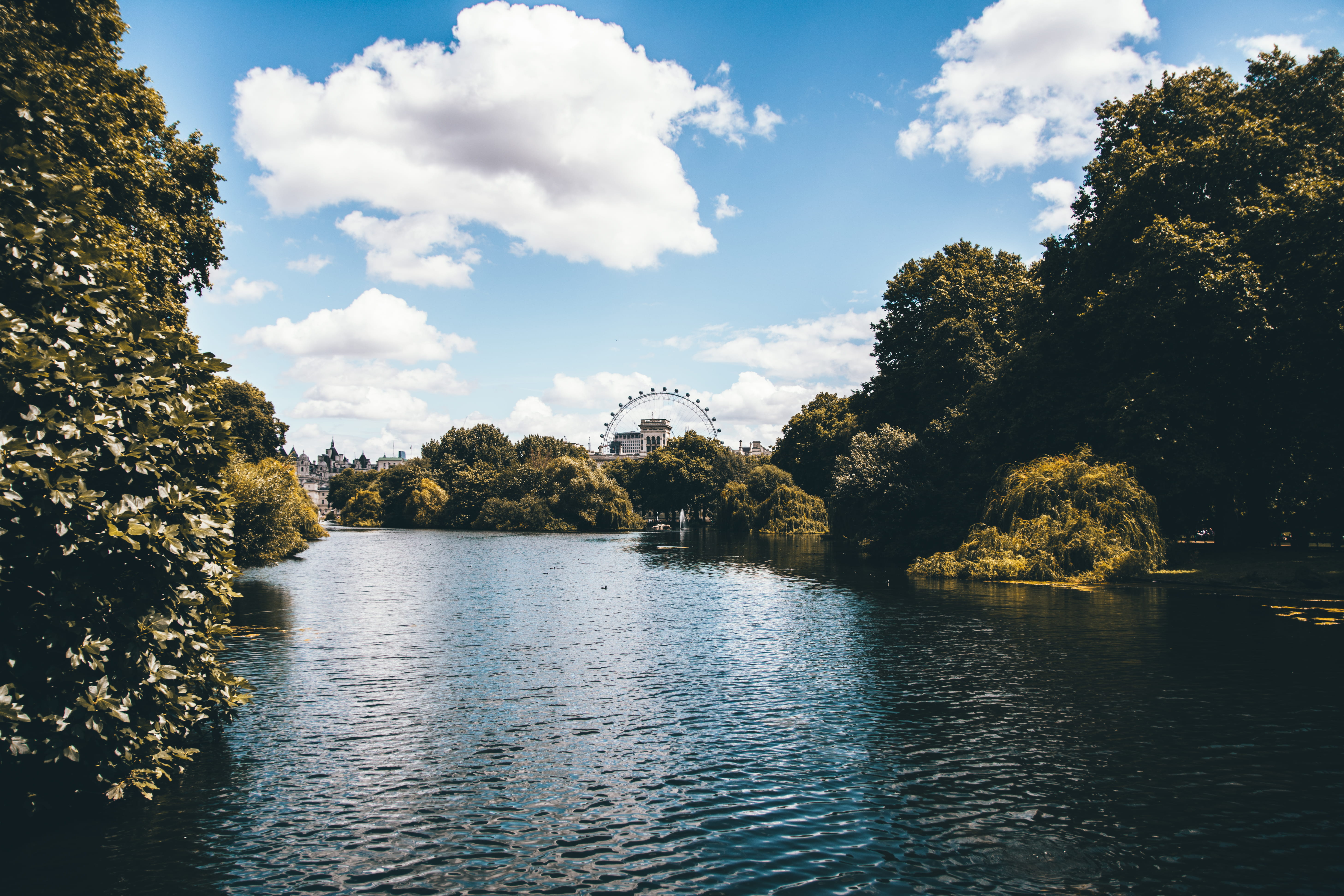 day, lake, london eye, water, scenics - nature, river, plant, outdoors, 5K, sky, london, trees, cloud - sky, tranquil scene, park, nature, waterfront, HD Wallpaper