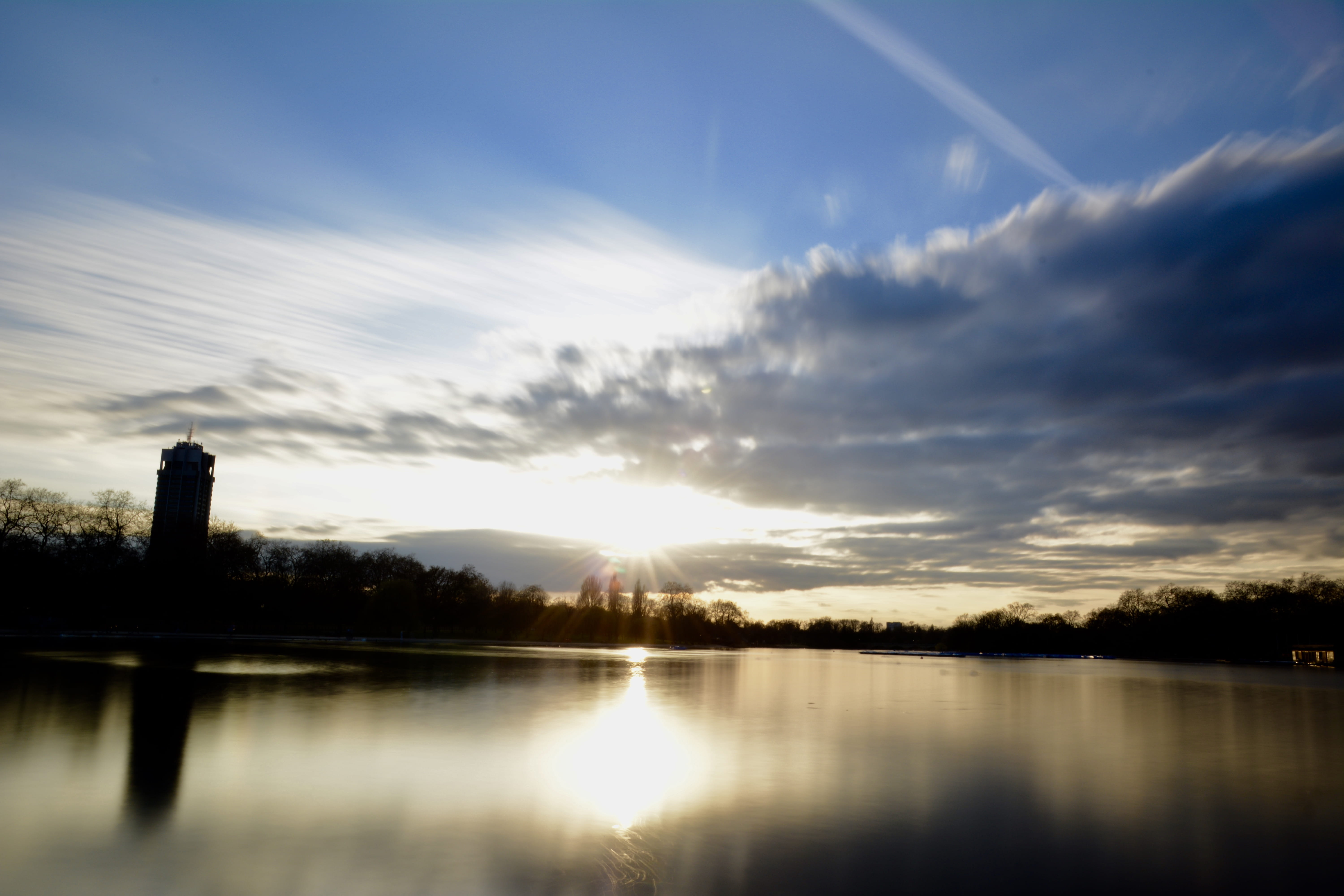 water, beauty in nature, lake, serpentine, tree, tranquility, tranquil scene, london, cloud - sky, waterfront, river, outdoors, sun, silhouette, plant, HD Wallpaper