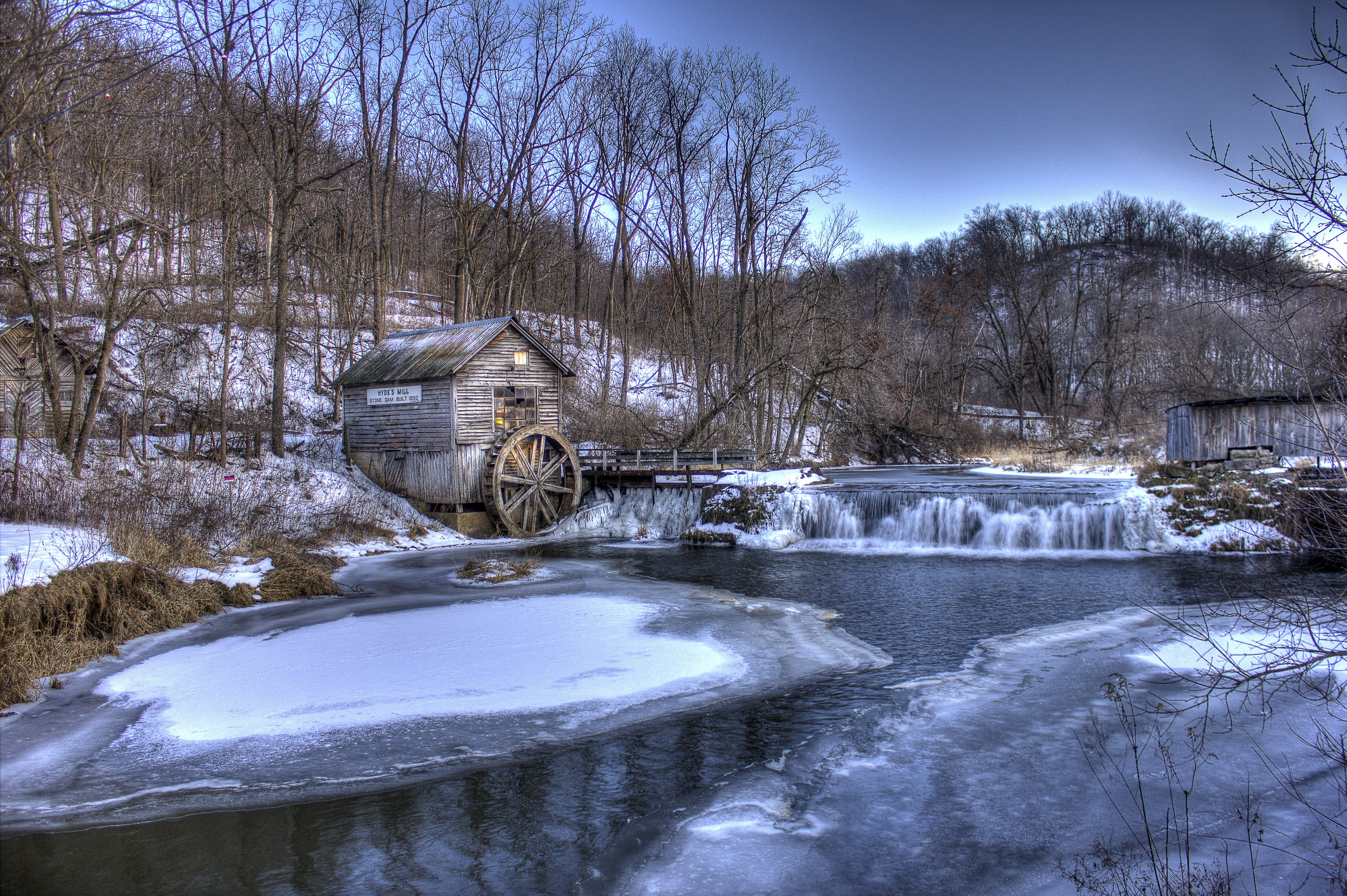 bridge, cold temperature, wisconsin, river, outdoors, water, snow, architecture, cold - Temperature, environment, ice, bare tree, watermill, winter, long exposure, HD Wallpaper