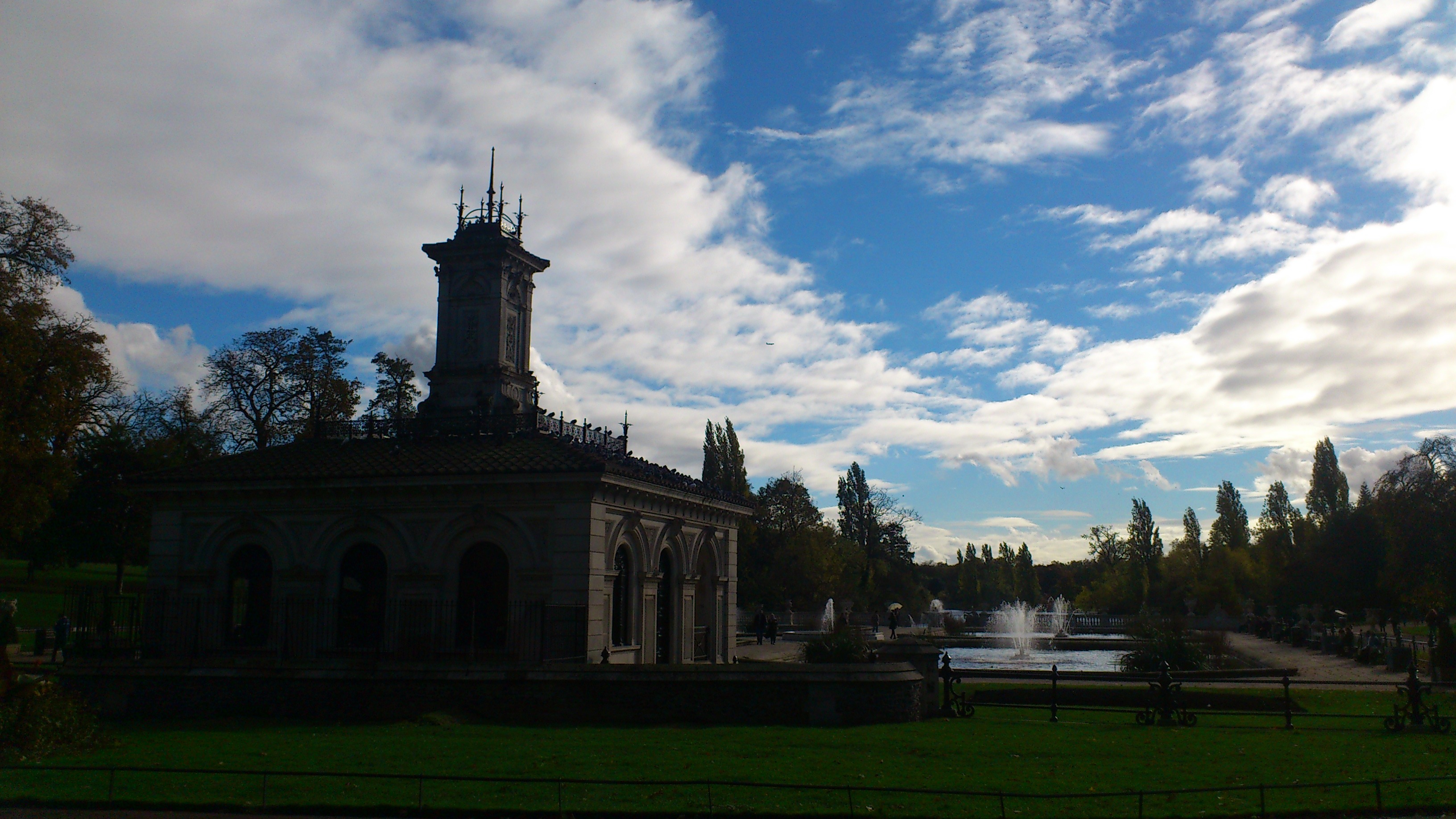 2K, clouds, hyde park, spire, plant, building, day, belief, england, religion, sky, autumn, mood, spirituality, cloud - sky, tree, place of worship, built structure, HD Wallpaper