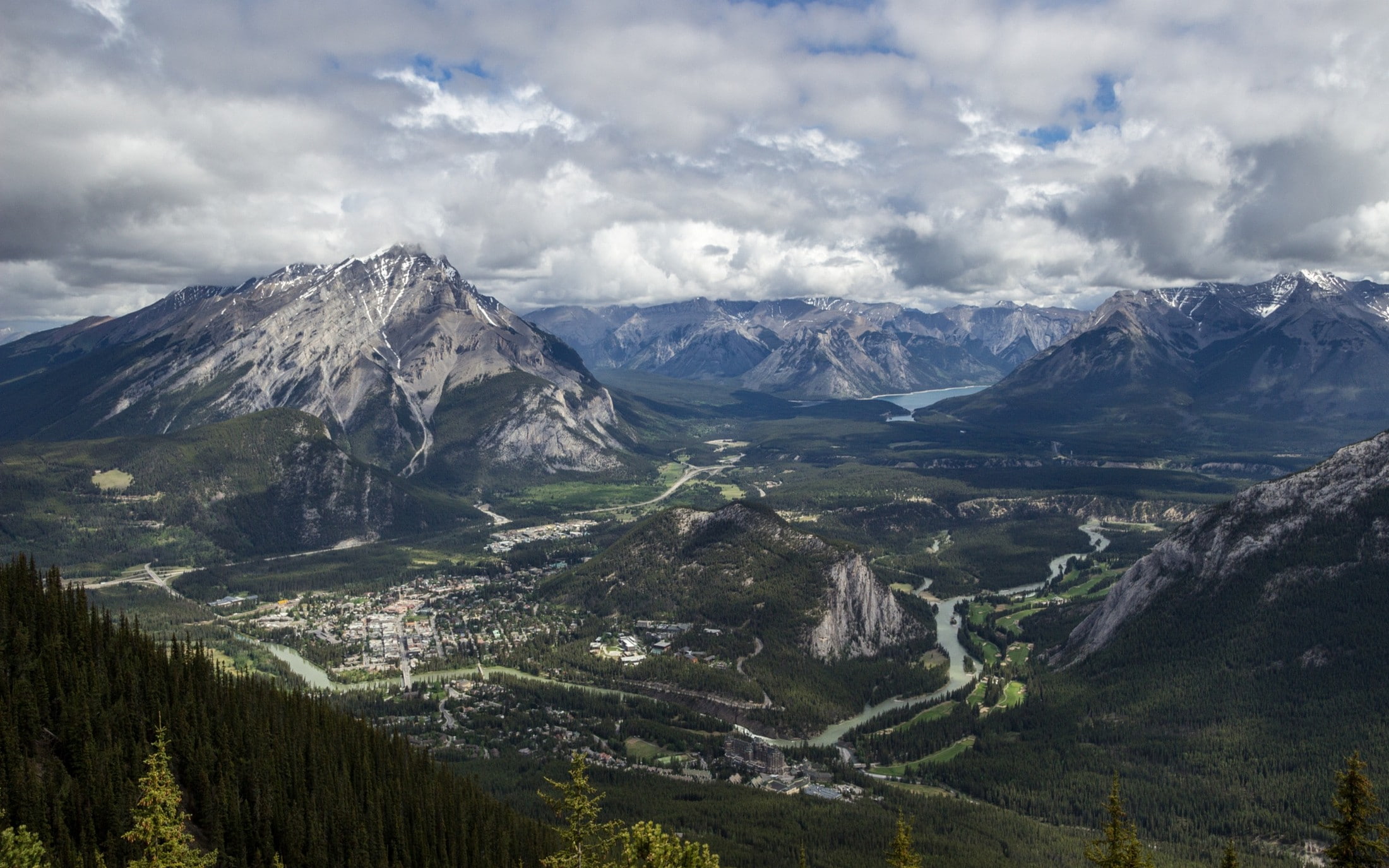 outdoors, snowcapped mountain, mountain peak, cloud - sky, Banff National Park, plant, town, tranquil scene, mountain, beauty in nature, sky, non-urban scene, HD Wallpaper