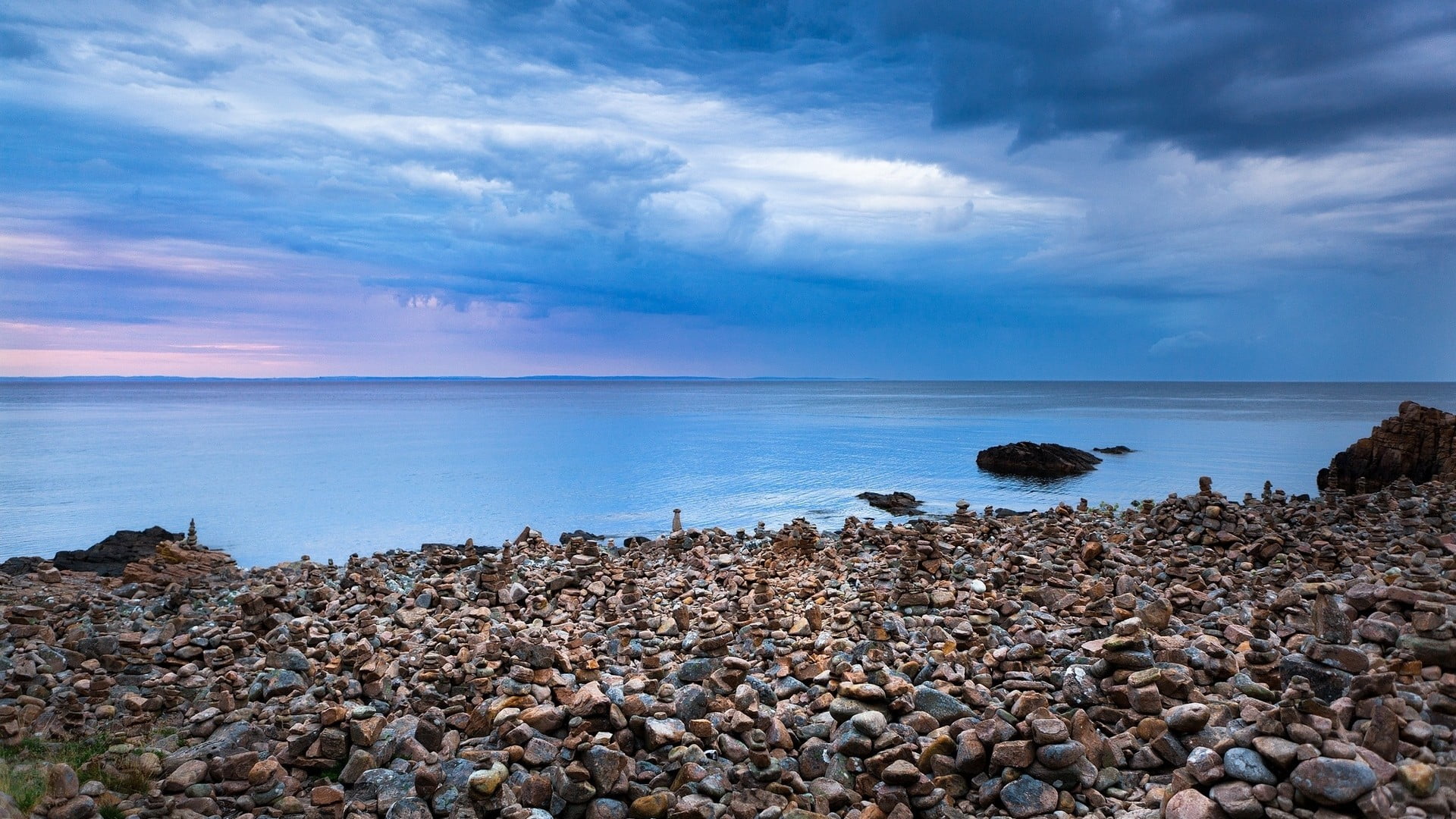 water, rock - object, clouds, pebble, rocky coastline, nature, boat, tranquility, body, outdoors, tranquil scene, cloud - sky, scenics - nature, sea, beauty in nature, HD Wallpaper