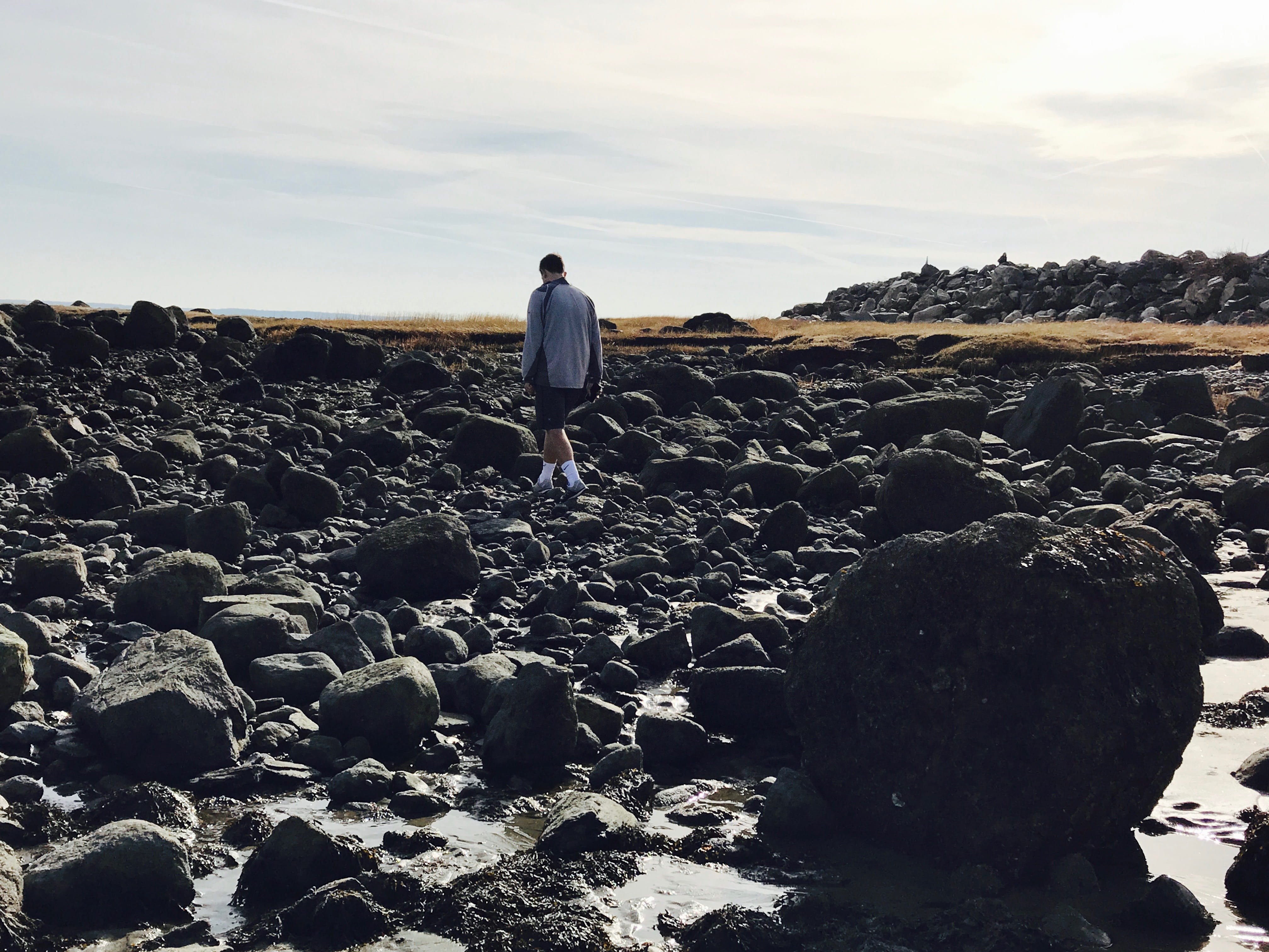 rock - object, rocks, rear view, leisure activity, wandering, full length, sea, scenics - nature, man, standing, gray, greenwich, nature, sky, united states, HD Wallpaper