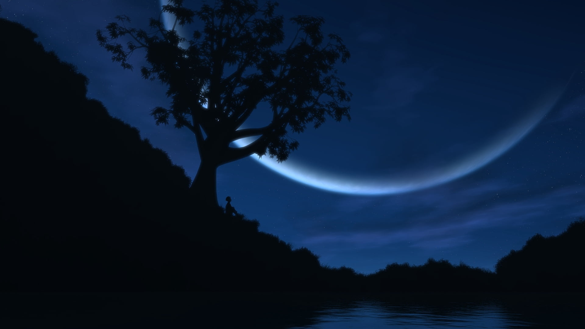 sky, scenics, water, illustration, back Lit, space, mountain, 1080P, forest, blue, lake, night, silhouette, dusk, tranquil Scene, moon, no People, upland, HD Wallpaper