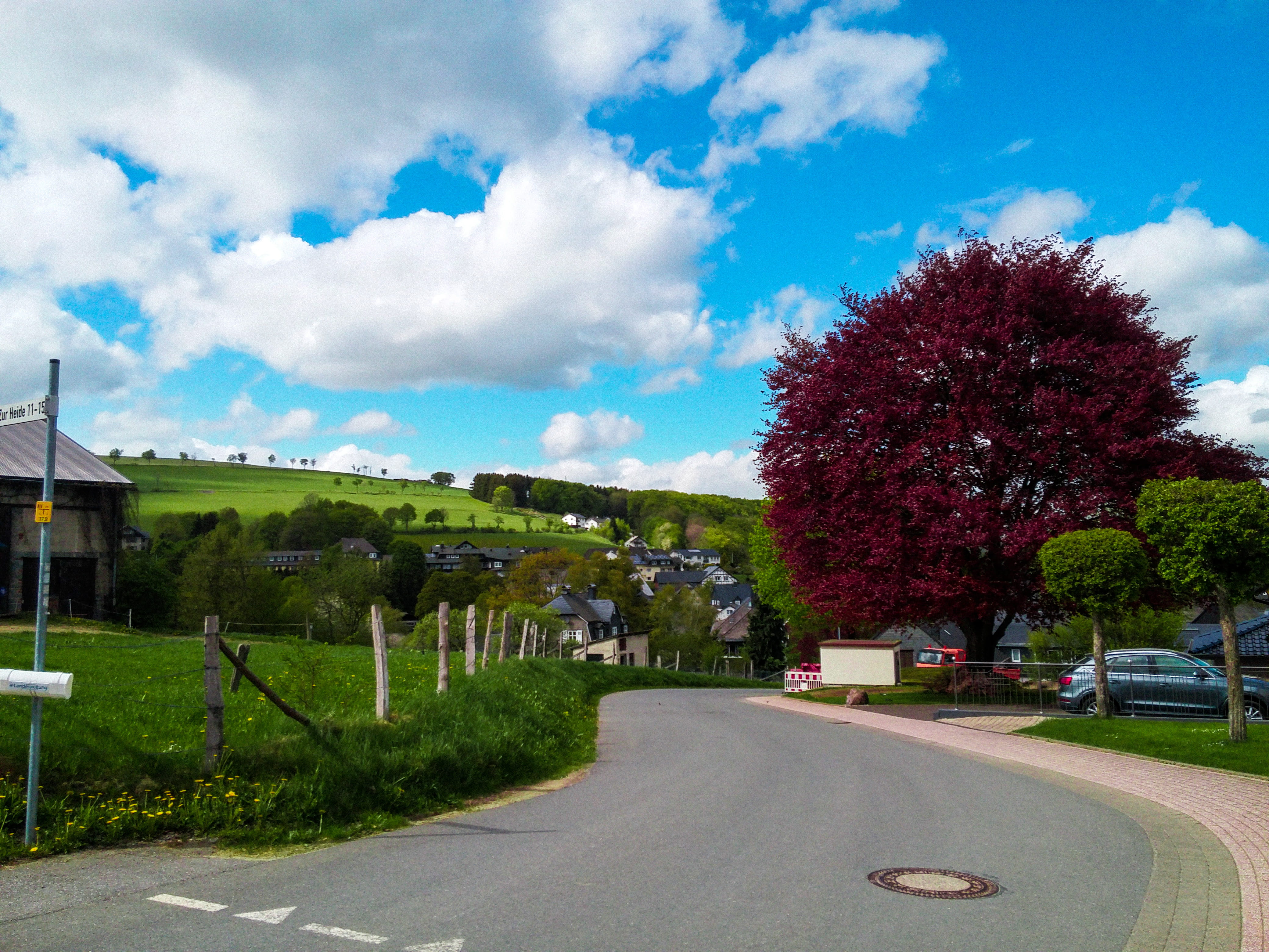 tree, road, 4K, cloud - sky, land vehicle, willingen (upland), mode of transportation, usseln, sky, outdoors, motor vehicle, change, building exterior, HD Wallpaper