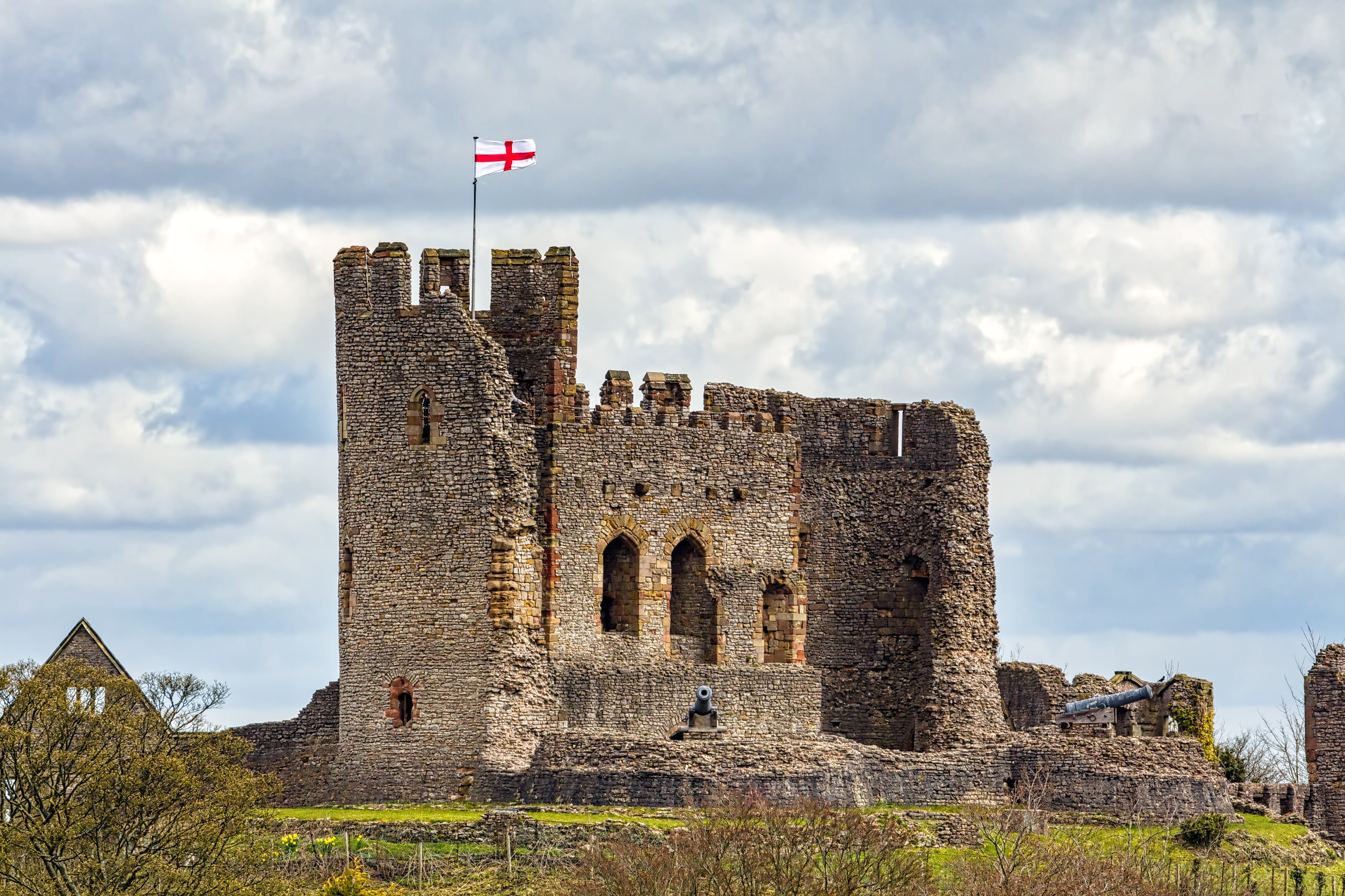 outdoors, stone wall, nature, architecture, brown, castle, stone material, sky, ruined, the past, wall, old ruin, black, medieval, brick, flag, built structure, HD Wallpaper