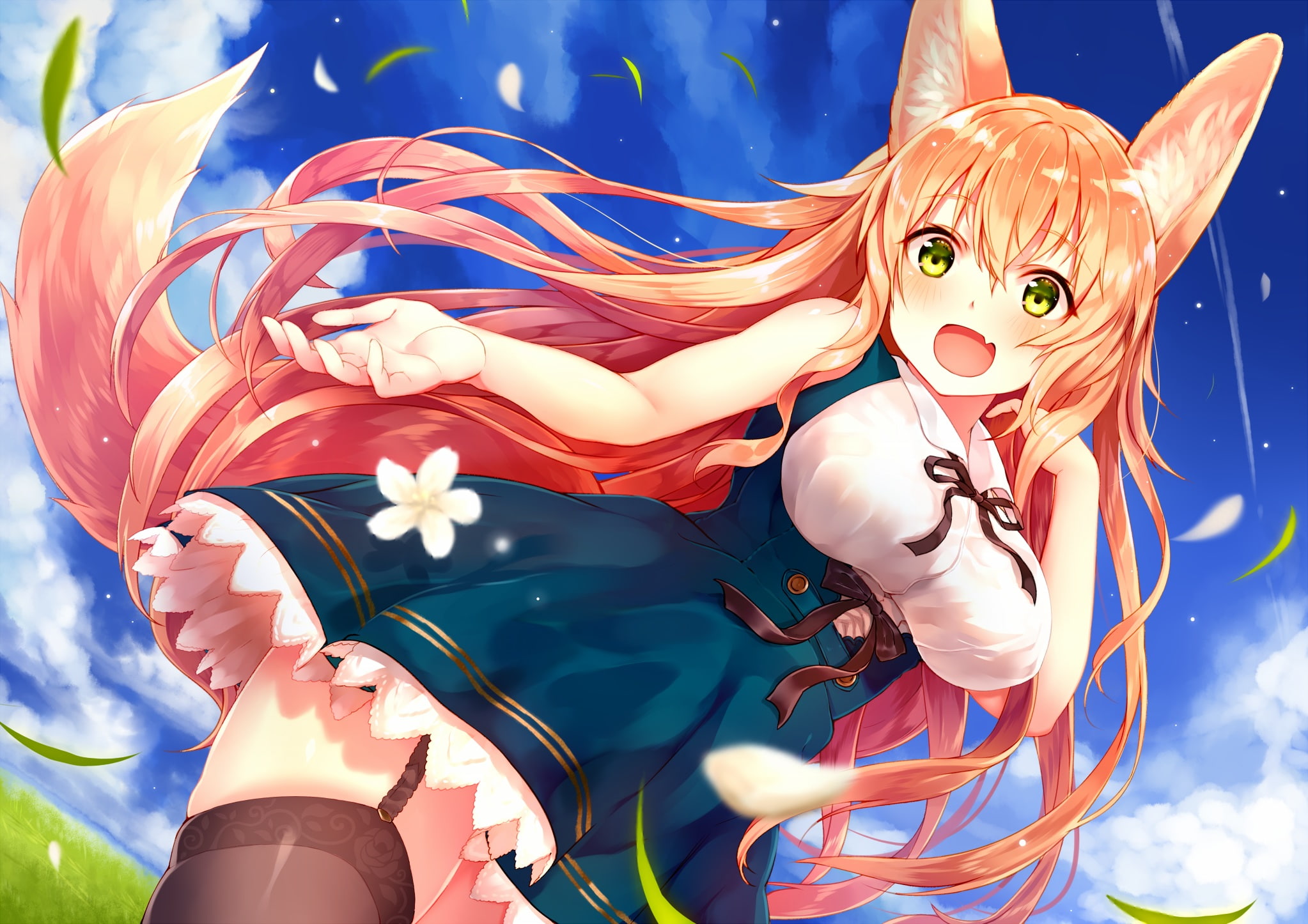 1080P, clouds, ears, stockings, summer, original, fang, flowers, dress, long, tail, green, animal, sukemyon, eyes, sky, ribbons, 254089, com, orange, hair, HD Wallpaper