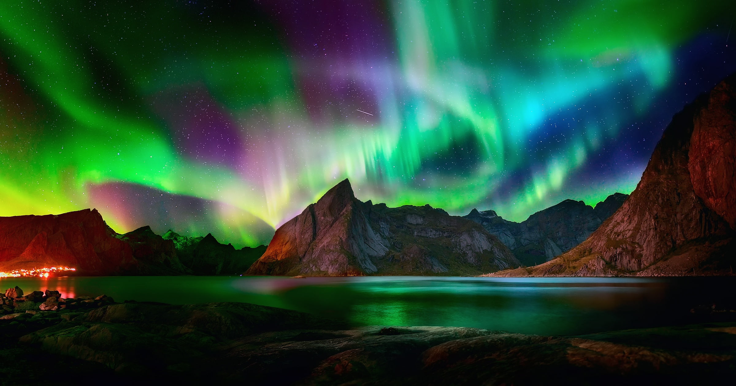 aurora, borealis, Northern lights, light, 1080P, night, rocks, lights, stars, mountains, North, HD Wallpaper