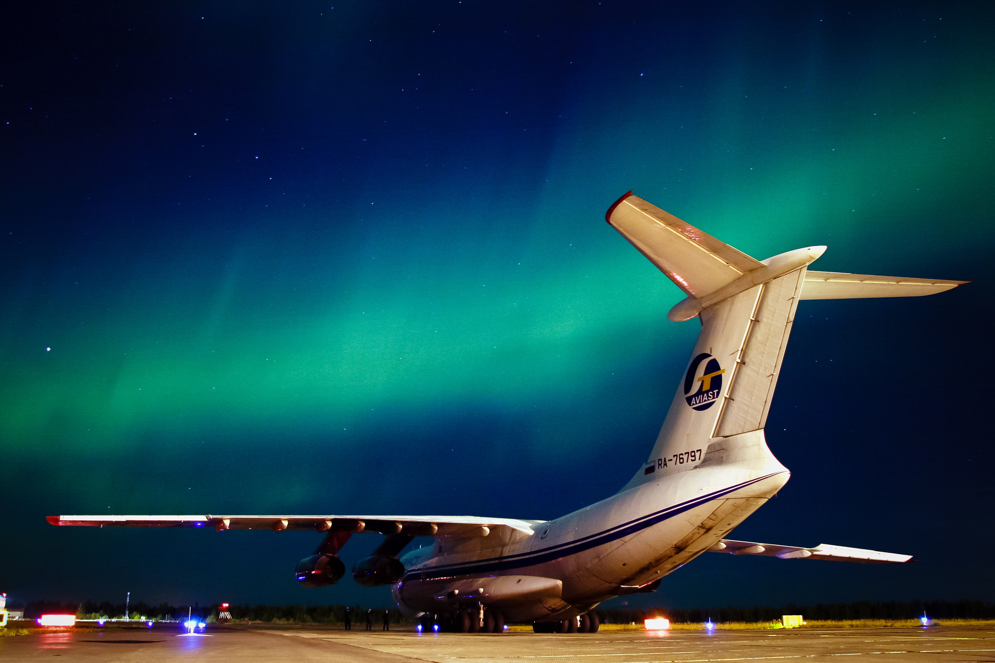 North, astronomy, space, 2K, Il-76TD, water, transportation, motion, sky, air vehicle, illuminated, star - space, the plane, travel, airplane, mode of transportation, HD Wallpaper