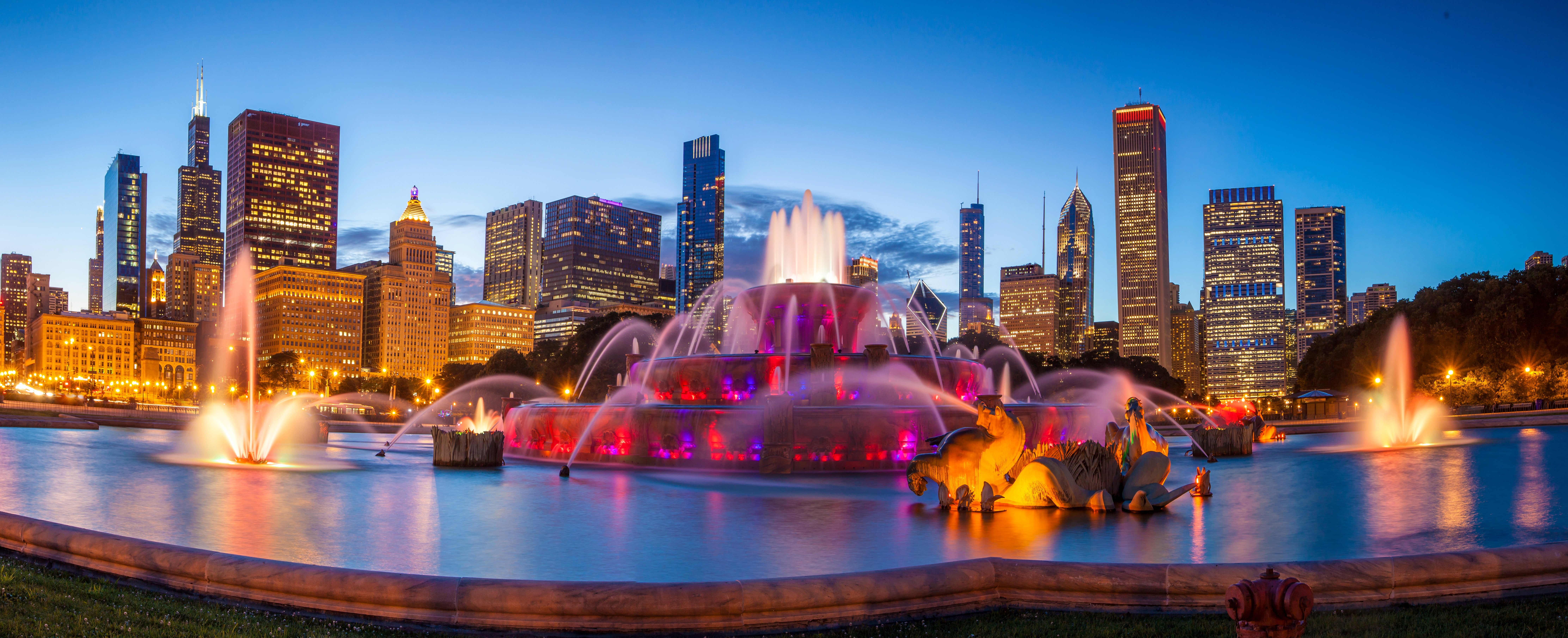 the sky, Chicago, 8K, Buckingham fountain, USA, lights, panorama, fountain, design, home, the evening, HD Wallpaper
