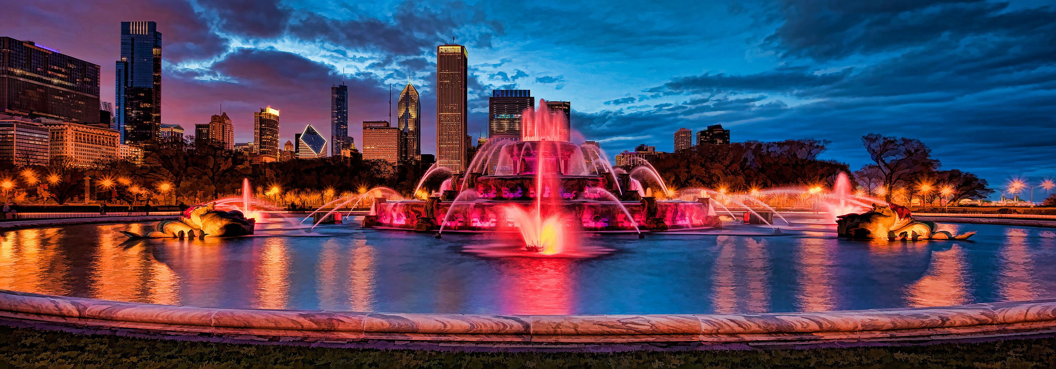 buckingham, 2K, chicago, fountain, illuminated, dusk, HD Wallpaper