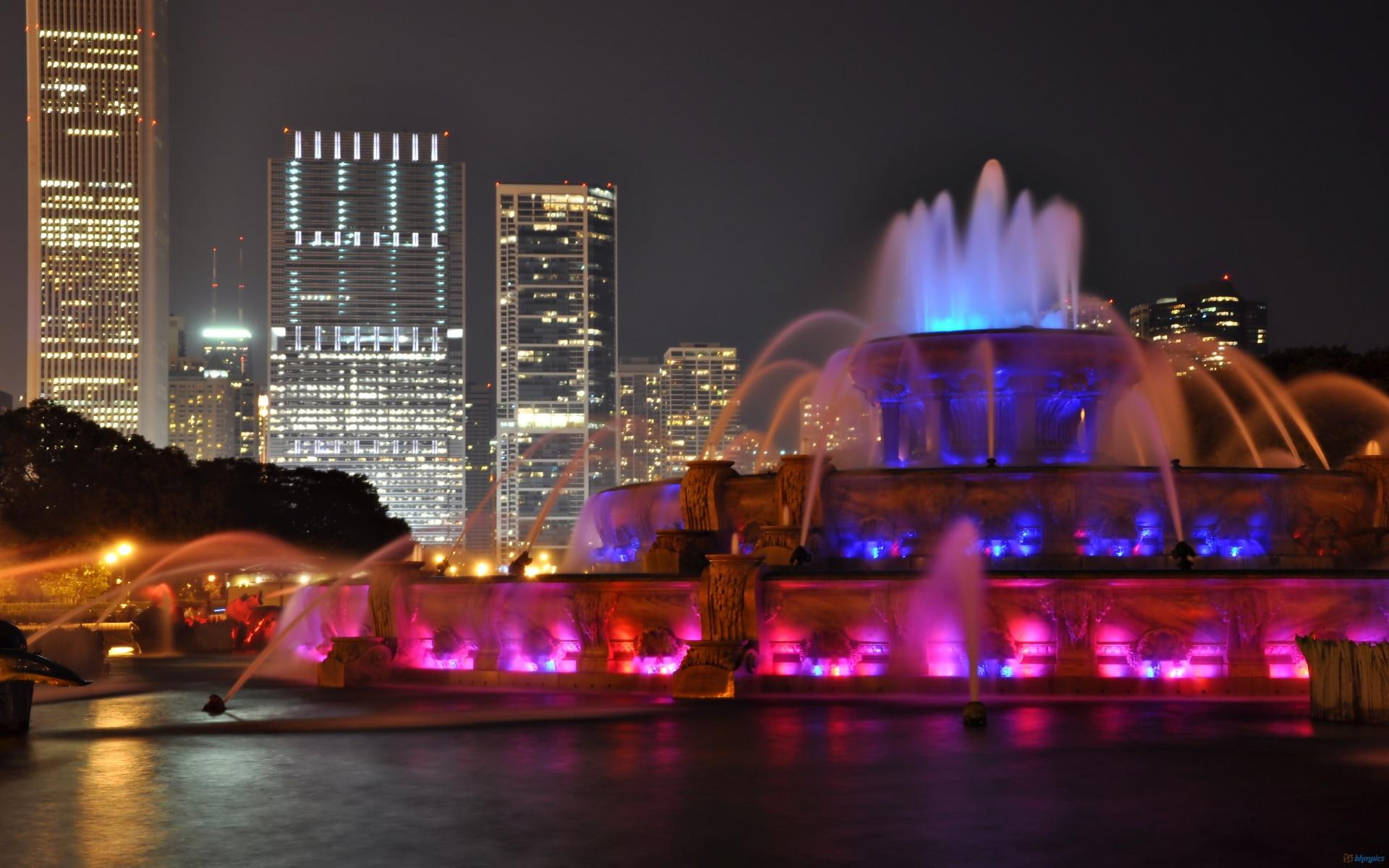 colorful, fountains, 1080P, cityscapes, lights, fountain, white, concrete, buckingham, nature and landscapes, nature, HD Wallpaper