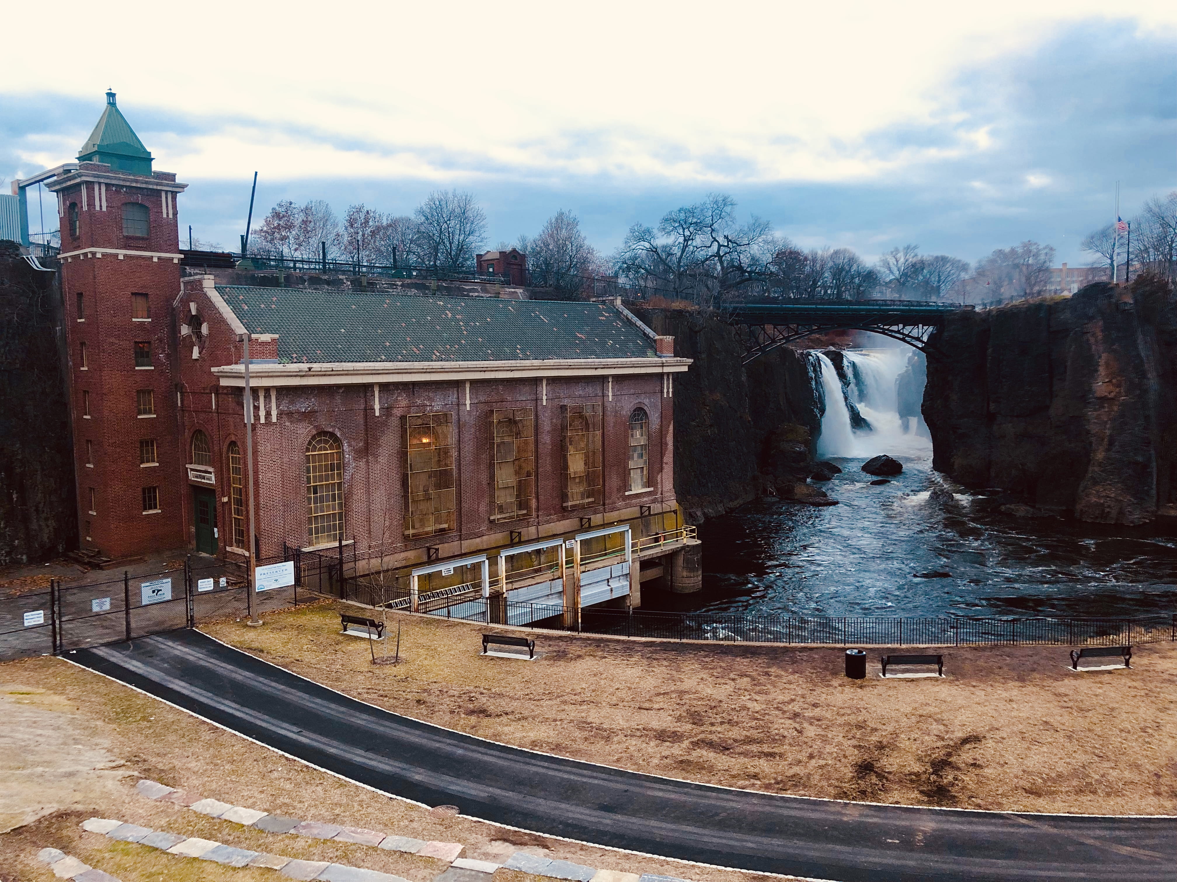 scenics - nature, united states, tree, cloud - sky, travel, sky, road, flowing, nature, no people, waterfall, dam, connection, canal, tower, spire, new jersey, HD Wallpaper