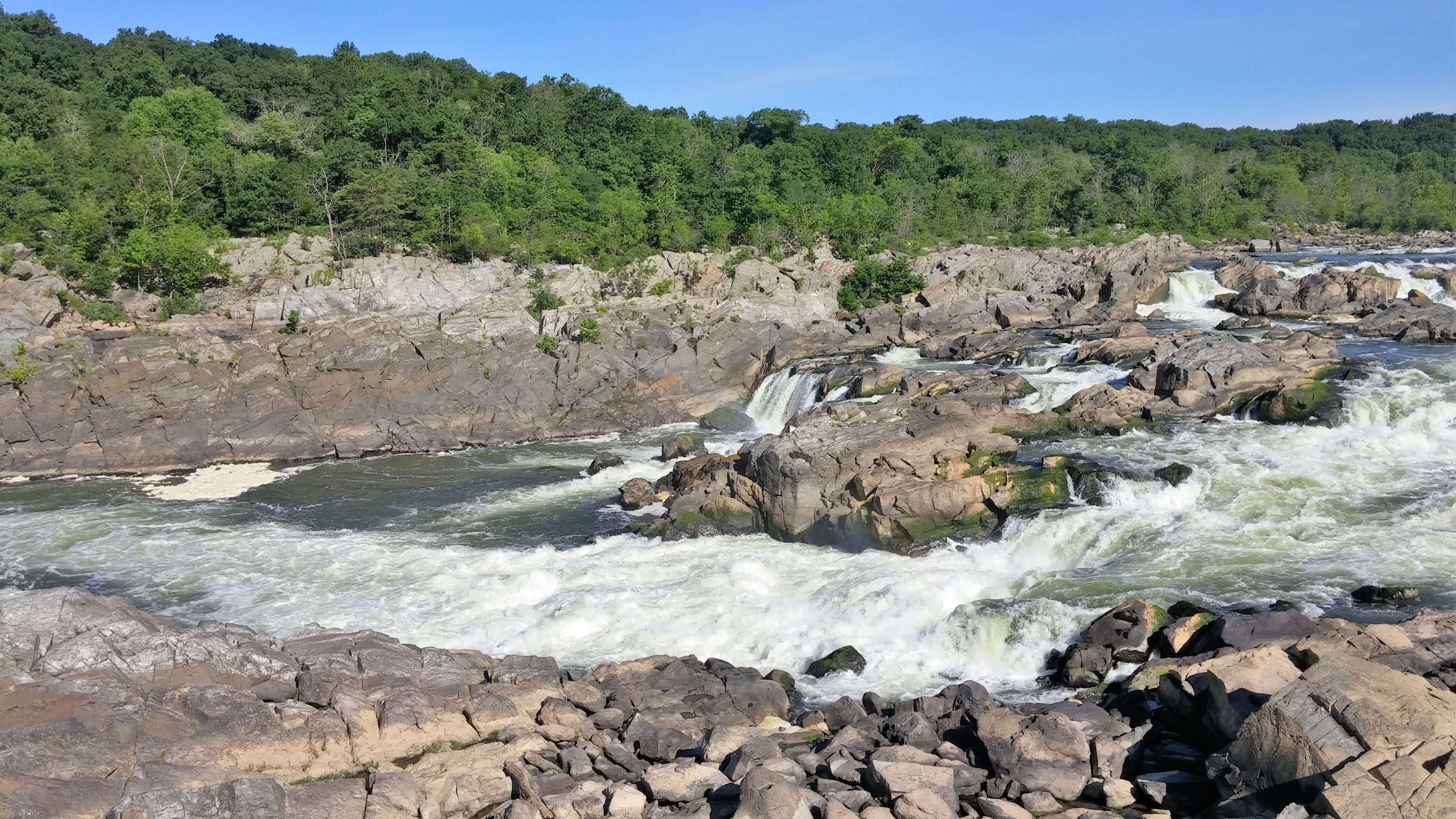 4K, non-urban scene, flowing, beauty in nature, forest, Waterfall, outdoor, plant, growth, landscape, waters edge, view, nature, solid, Scenery, outdoors, HD Wallpaper