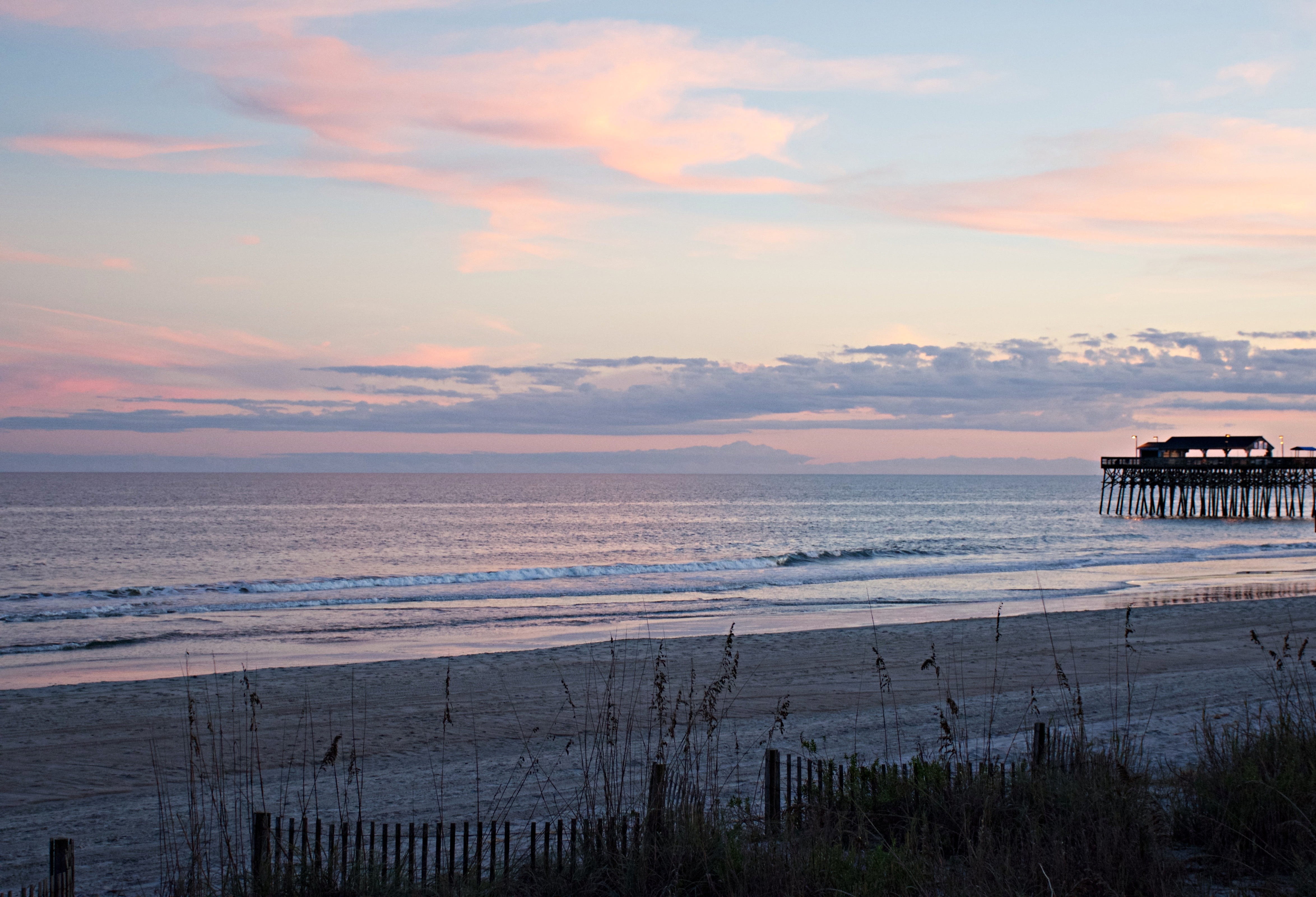 ocean, horizon, sea, beach, sky, architecture, idyllic, pier, scenics - nature, wooden post, nature, sunrise, 4K, no people, myrtle beach, horizon over water, HD Wallpaper