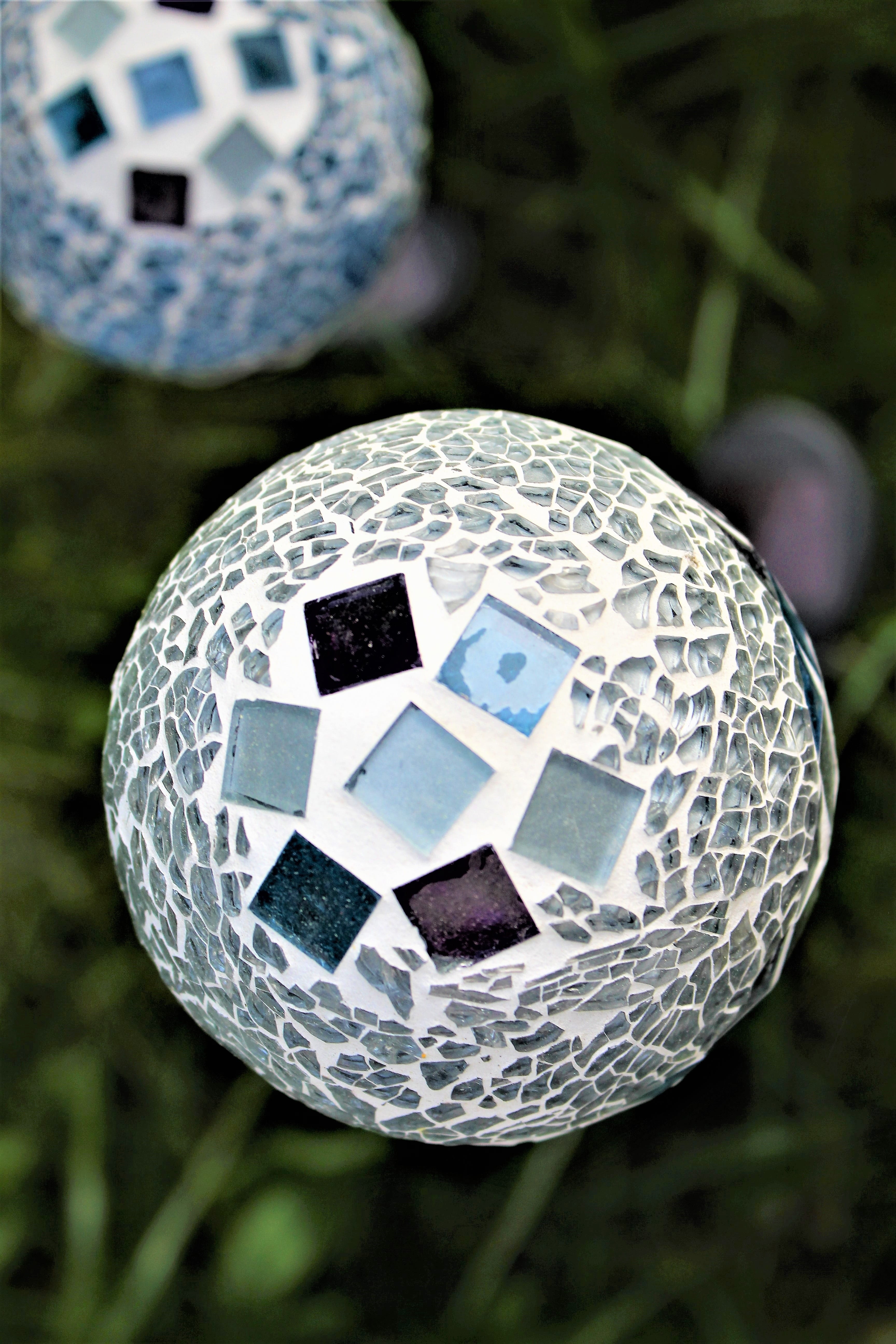 focus on foreground, lamp, plump, round, no people, glass, blue, pattern, day, shape, outdoors, soccer ball, background, ball, still life, sports equipment, Phone HD Wallpaper