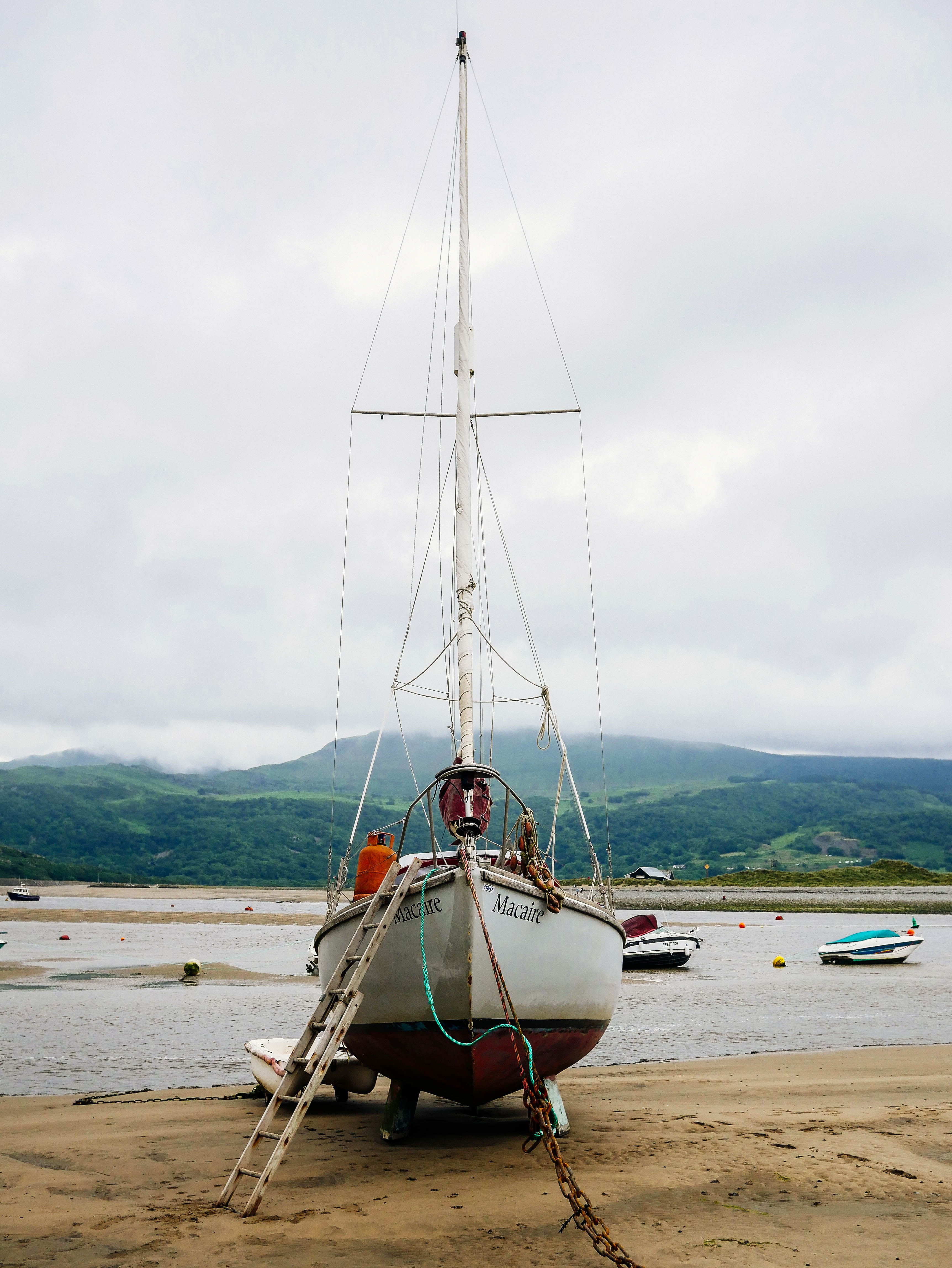 water, beach, cloud - sky, scenery, nautical vessel, overcast, mountain, mast, travel, sailing, sailboat, trees, transportation, day, 4K, mountains, summer, Phone HD Wallpaper