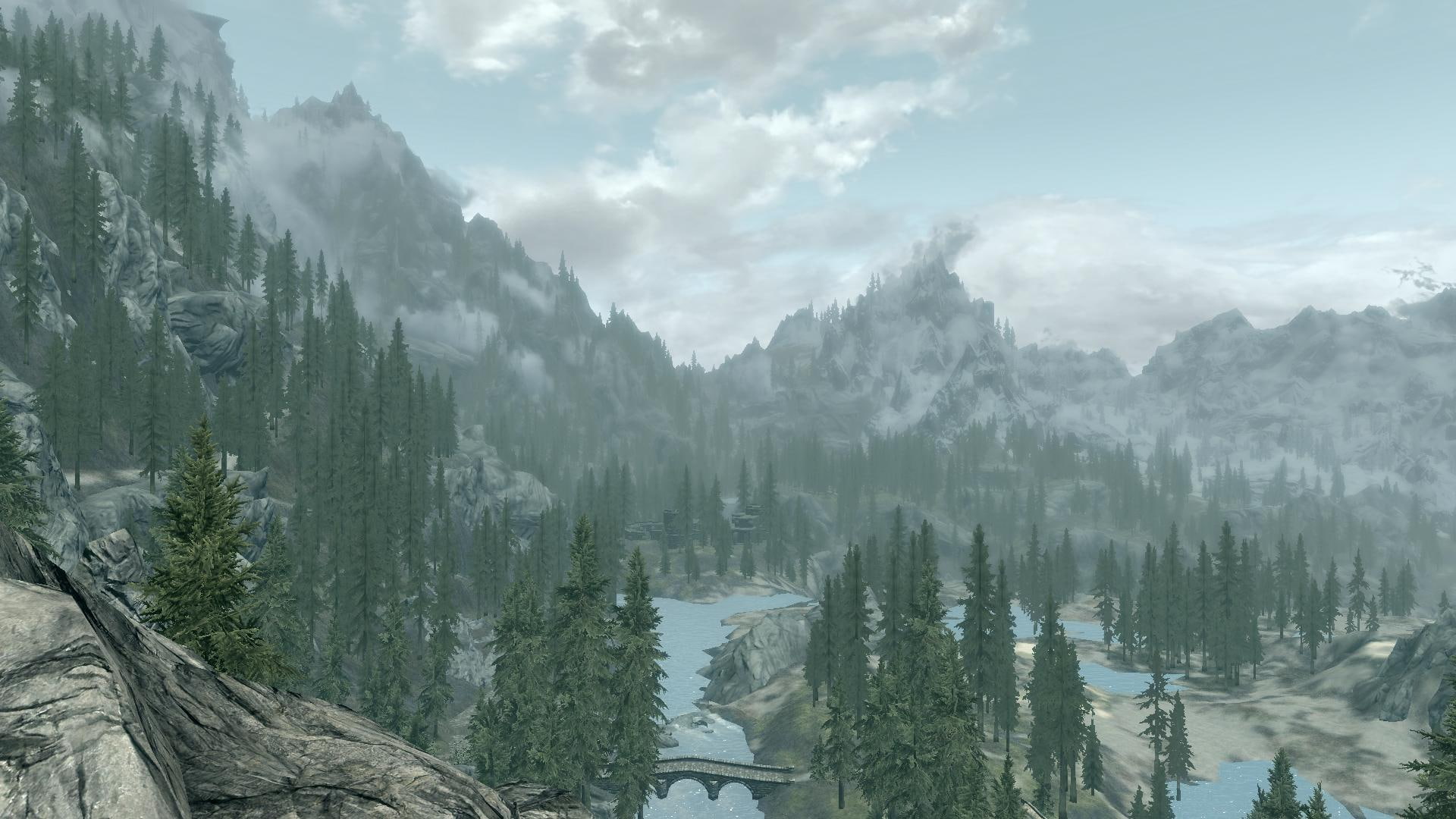skyrim, trees, view, green, 1080P, nature, pine, landscape, mountains, great, scenery, games, HD Wallpaper