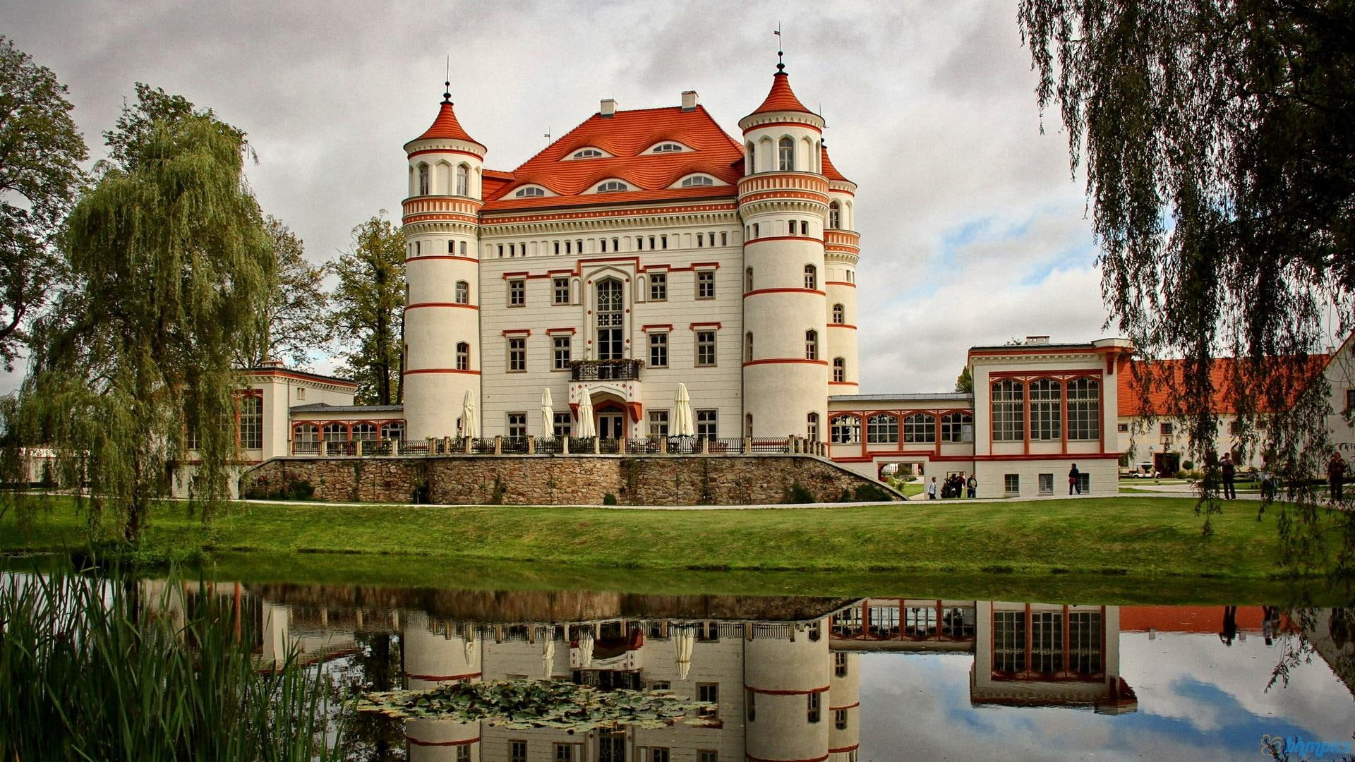 trees, castle, wojnowice, pol, nature and landscapes, pond, towers, 1080P, lovely, HD Wallpaper