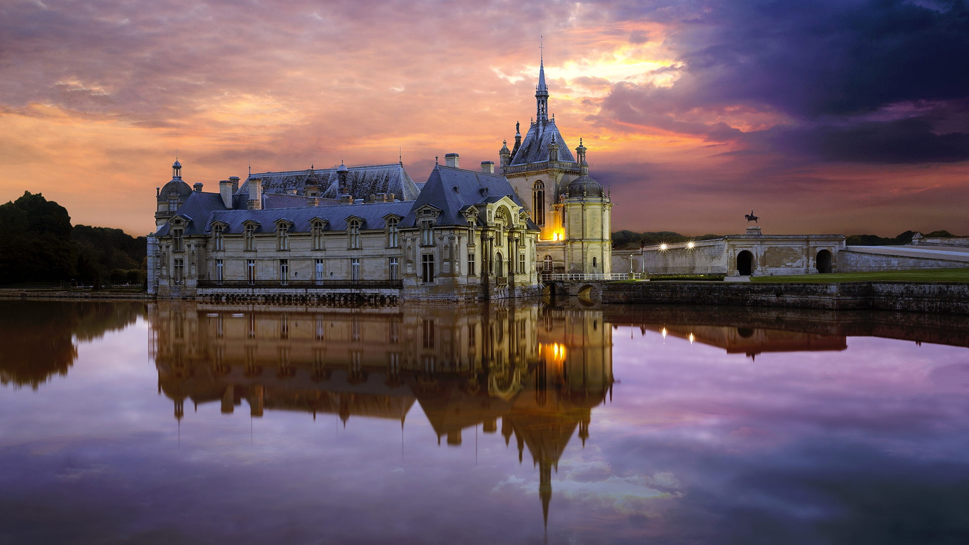 pond, France, Oise, reflection, Chantilly castle, 1080P, HD Wallpaper