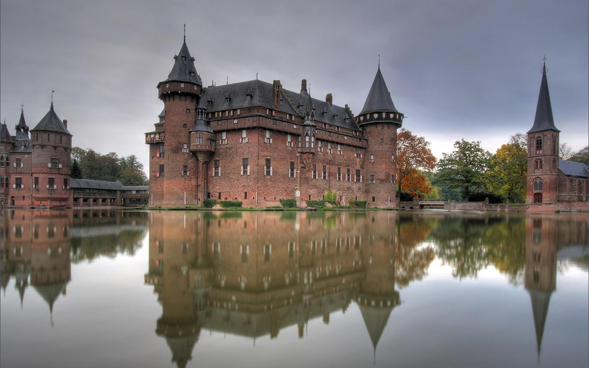 clouds, castle, reflection, nature and landscapes, pond, 1080P, HD Wallpaper