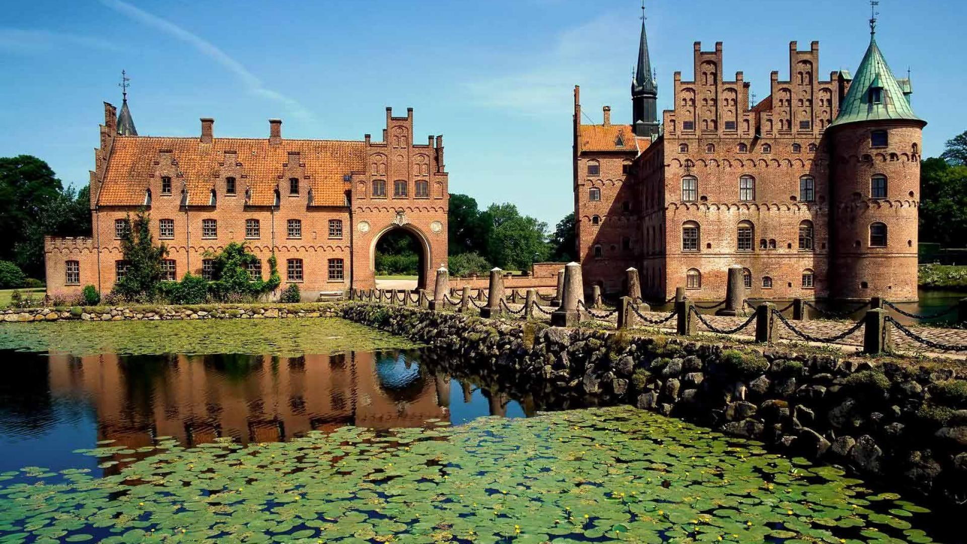 lilies, pond, brown, nature and landscapes, 1080P, demark, wonderful, castle, concrete, stone bridge, HD Wallpaper