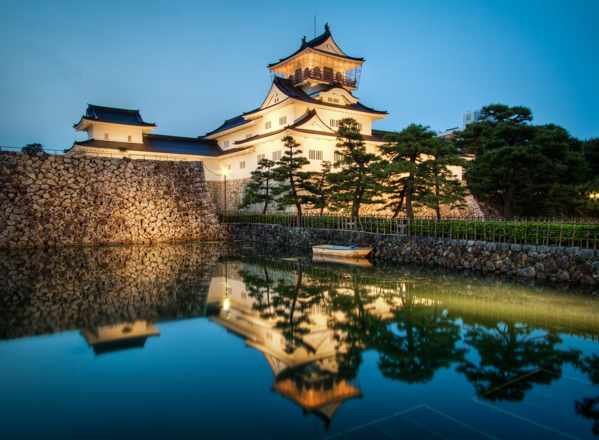 Castle, Twilight, nature, 1080P, Boat, Castles, waterfront, travel destinations, sky, Toyama Castle, blue, outdoors, Reflection, plant, Japan, water, history, HD Wallpaper