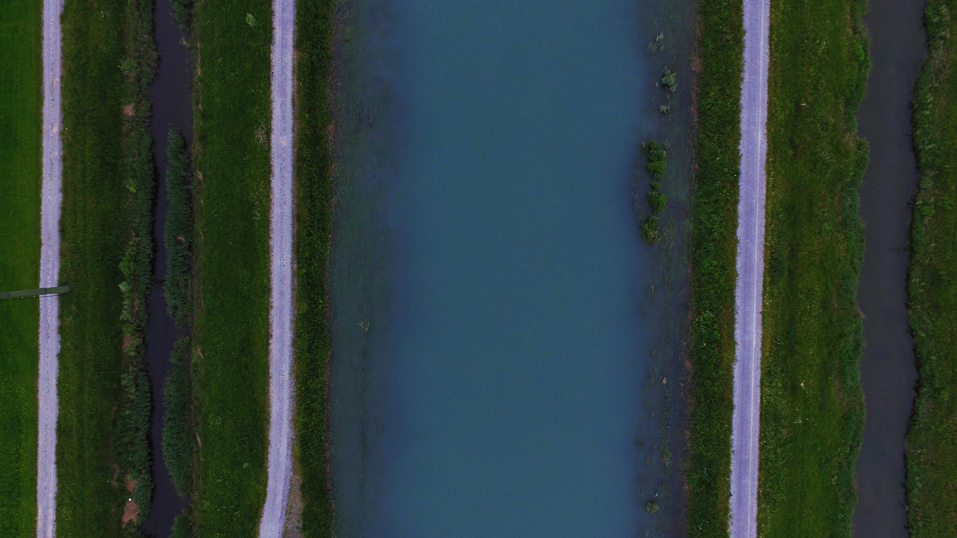 tranquil scene, green color, birds eye, 4K, aerial view, grass, road, growth, blue, field, blue water, straight, tow path, agriculture, tranquility, plant, HD Wallpaper