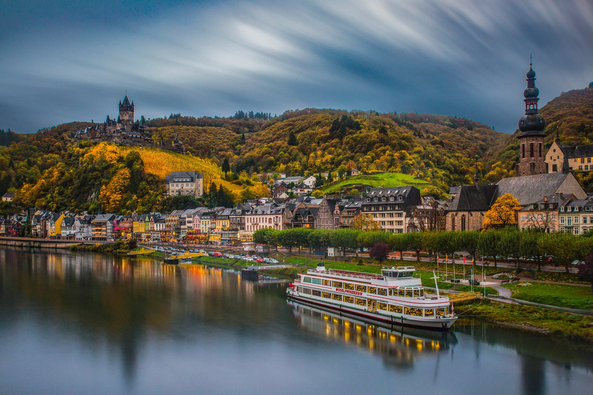 autumn, mountains, 1080P, Germany, pond, the city, ship, shore, castle, Cochem, architecture, HD Wallpaper