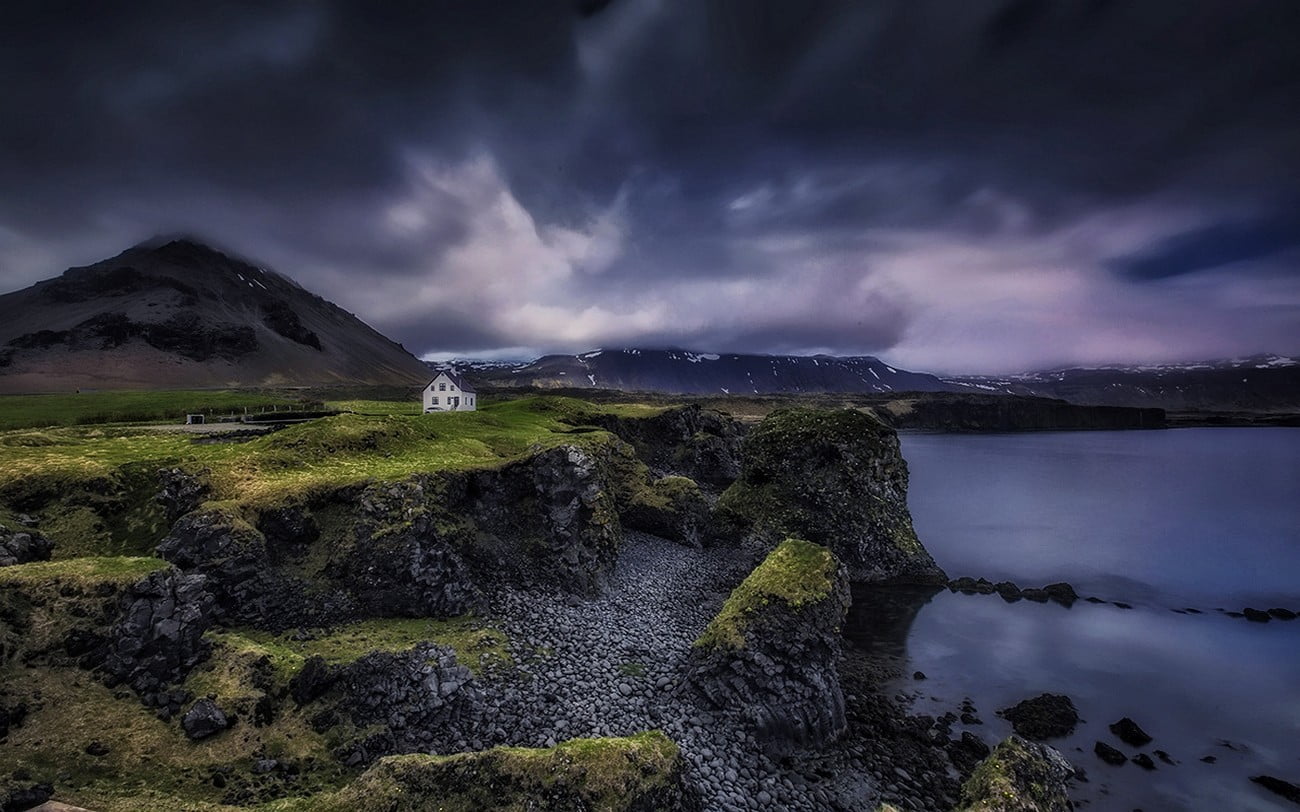 landscape, beach, tranquility, night, overcast, dramatic sky, environment, sky, clouds, water, land, scenics - nature, purple, cloud - sky, mountains, beauty in nature, HD Wallpaper