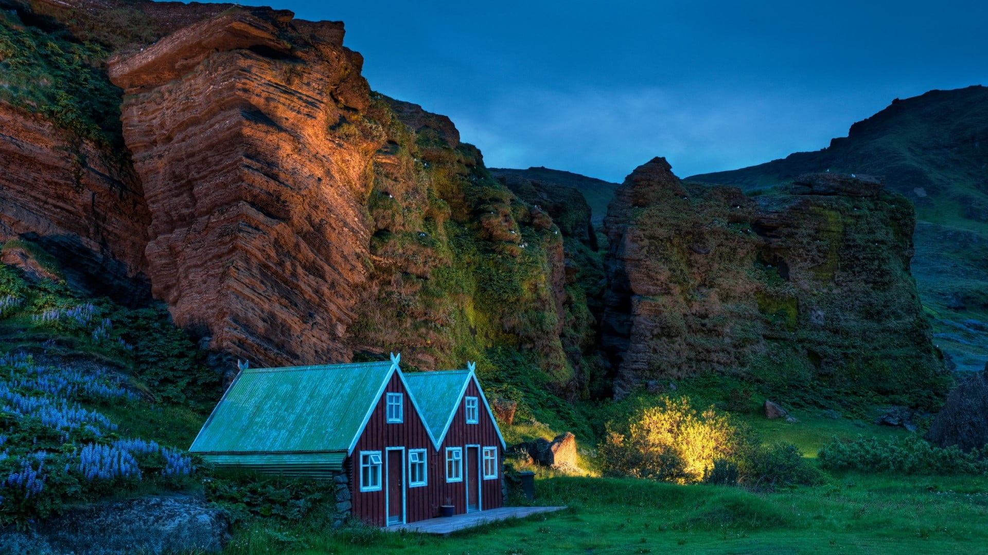 cabin, environment, rock formation, mountain, house, landscape, architecture, sky, Iceland, barns, travel destinations, non-urban scene, grass, building exterior, HD Wallpaper