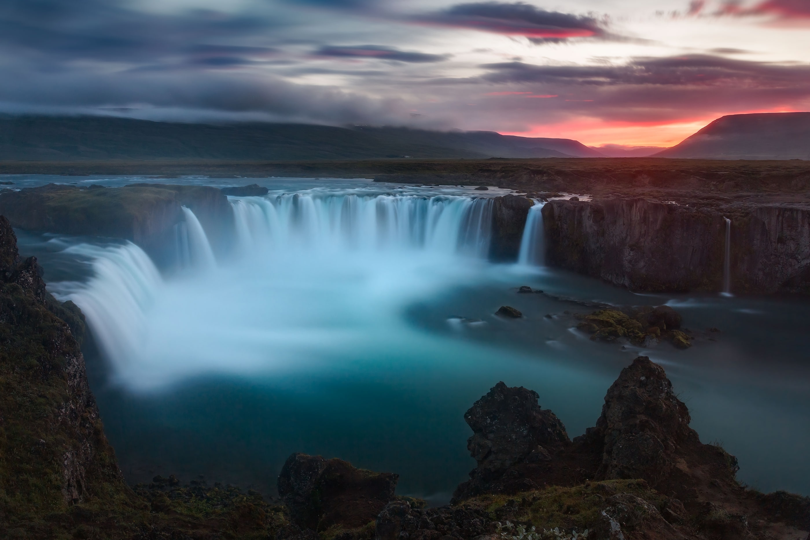 flowing, cloud - sky, no people, 2K, non-urban scene, river, outdoors, sky, rock - object, hills, sunset, power in nature, flowing water, waterfall, water, HD Wallpaper