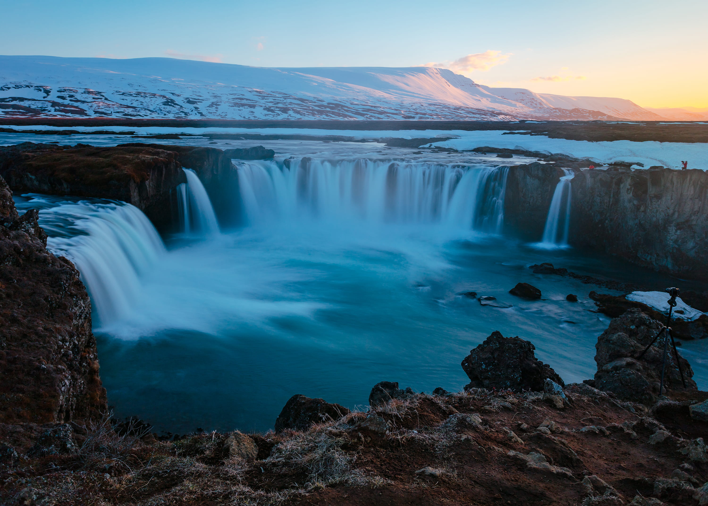 waterfall, snowcapped mountain, iceland, long exposure, outdoors, solid, mountain, motion, power in nature, snow, mountains, flowing water, godafoss, scenics - nature, HD Wallpaper