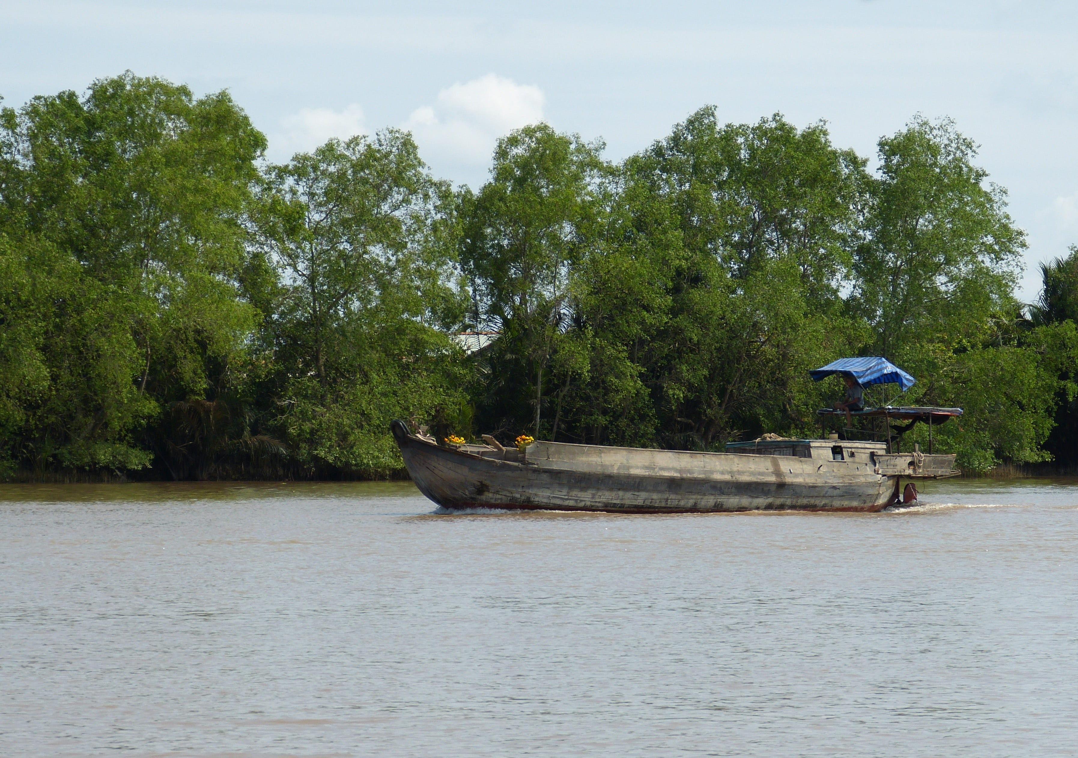 vietnam, sky, waterfront, tree, cloud - sky, transportation, nature, mekong delta, water, day, a, inland waterway transport, transport, shipping, ship, HD Wallpaper