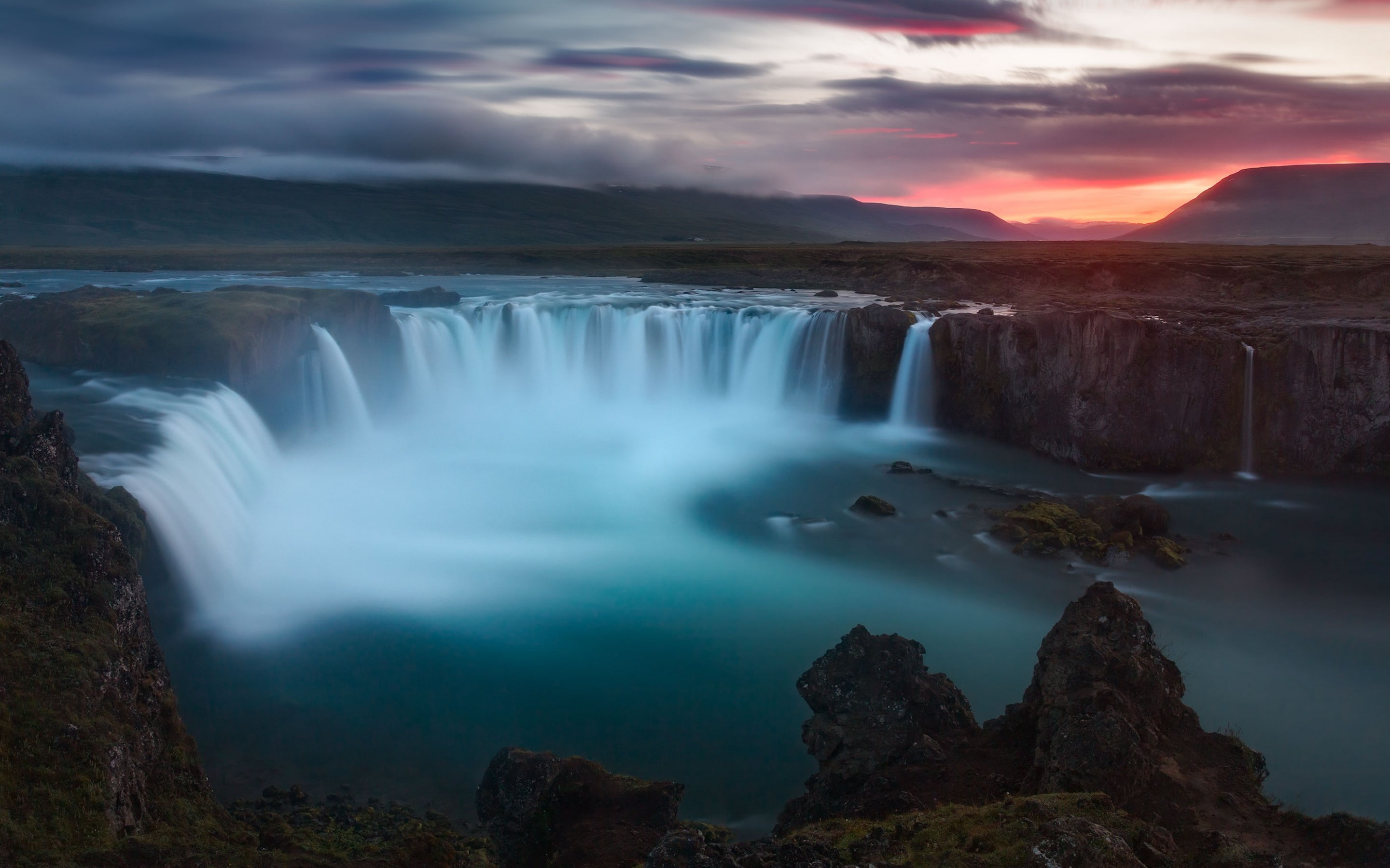 2K, Iceland, sunset, rock, falling water, idyllic, power in nature, water, no people, solid, cloud - sky, outdoors, beauty in nature, non-urban scene, HD Wallpaper
